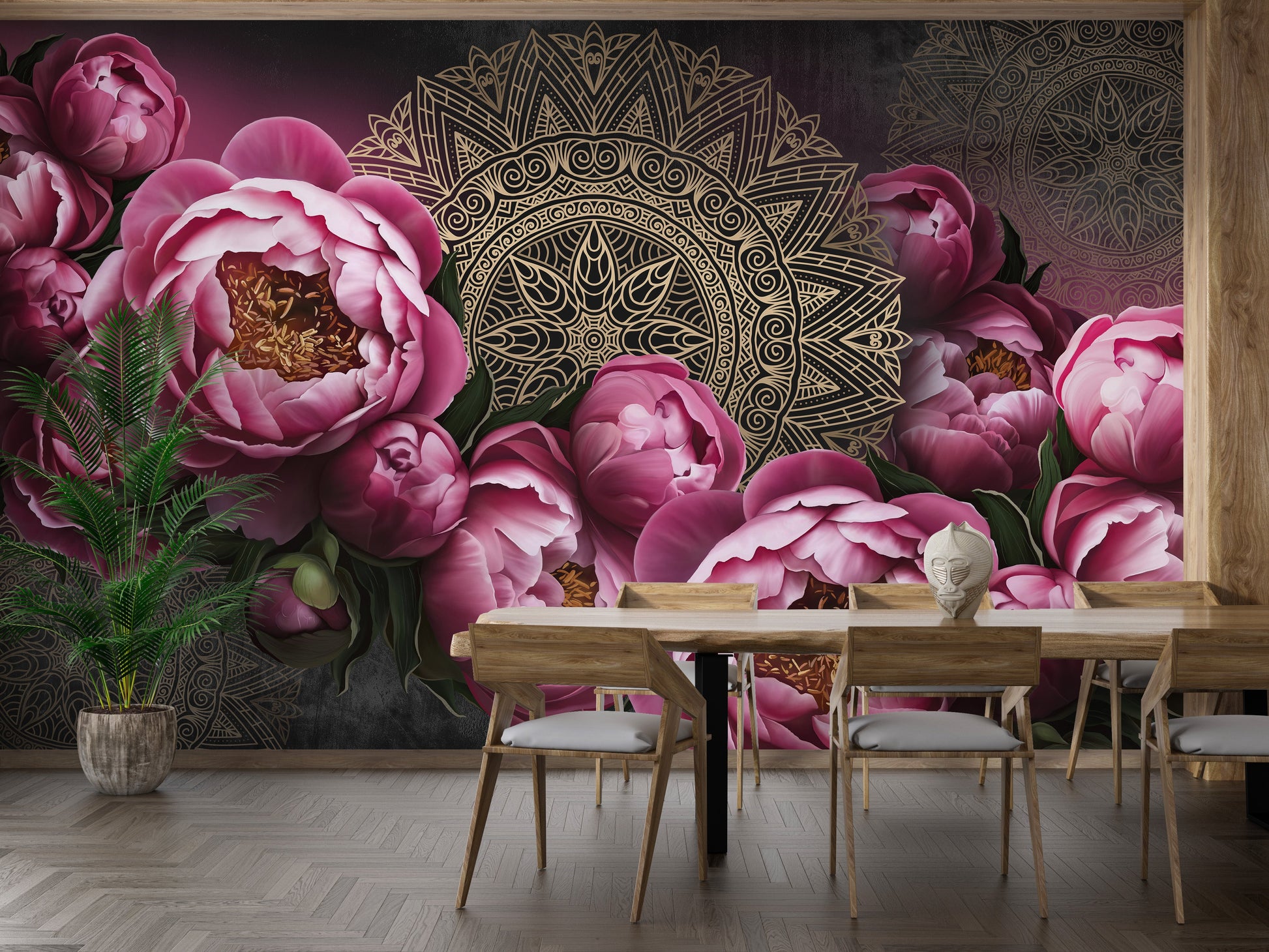 Elegant mandala wallpaper with pink flower accents
