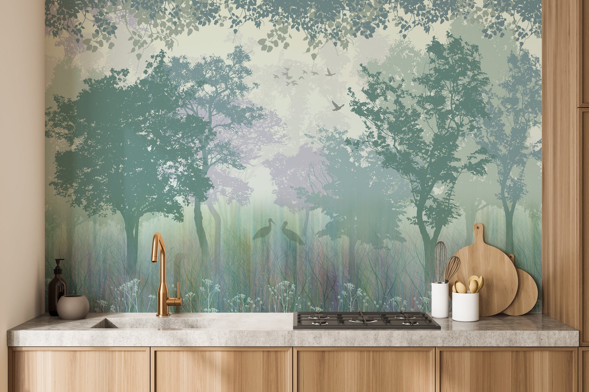 Forest Green Wallpaper with Serene Herons - Giffywalls