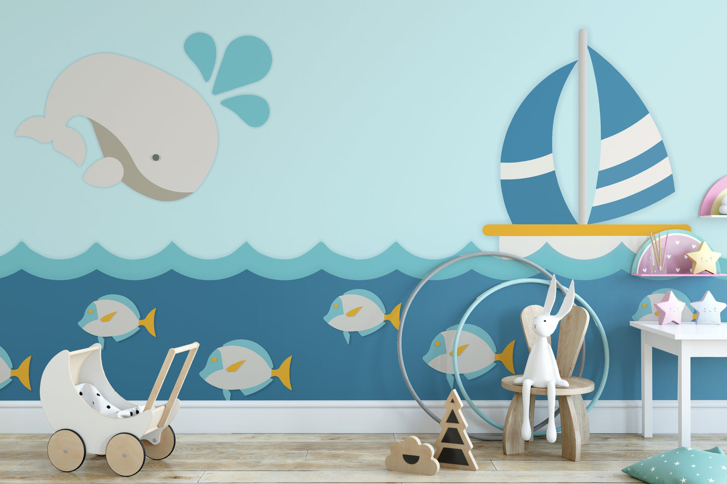 Whale with Boat Kids Room Wallpaper Murals - Giffywalls