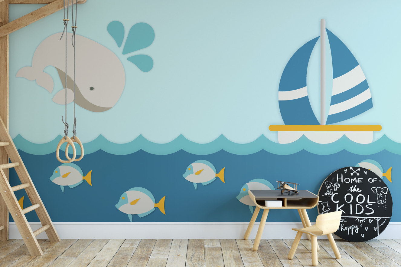 Whale and boat kids room wallpaper mural for ocean theme
