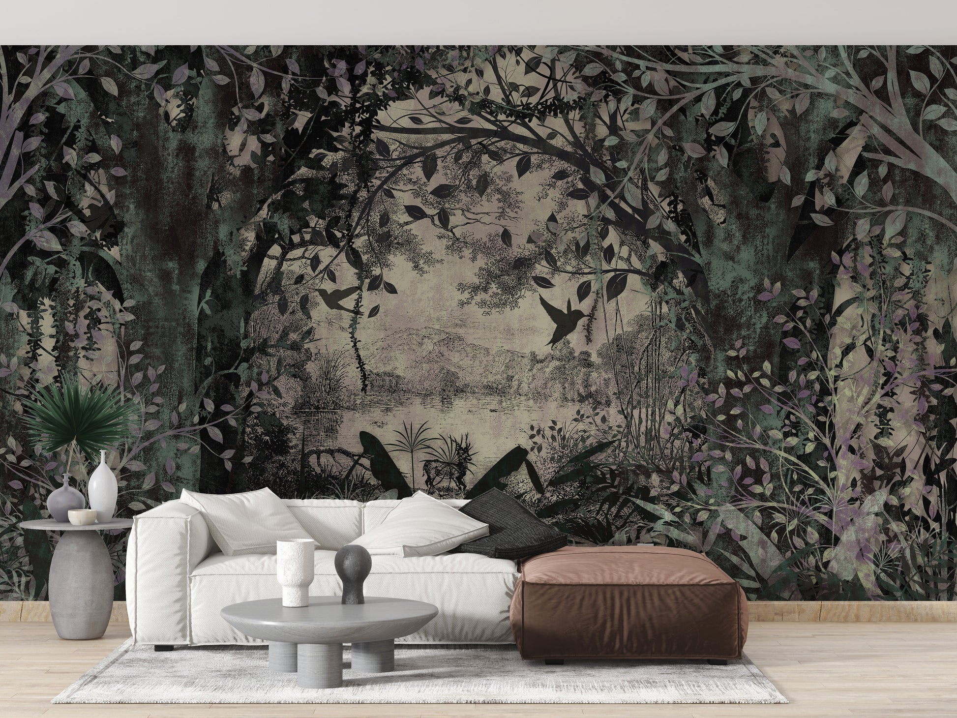 Dusky green forest mural for serene wall decor
