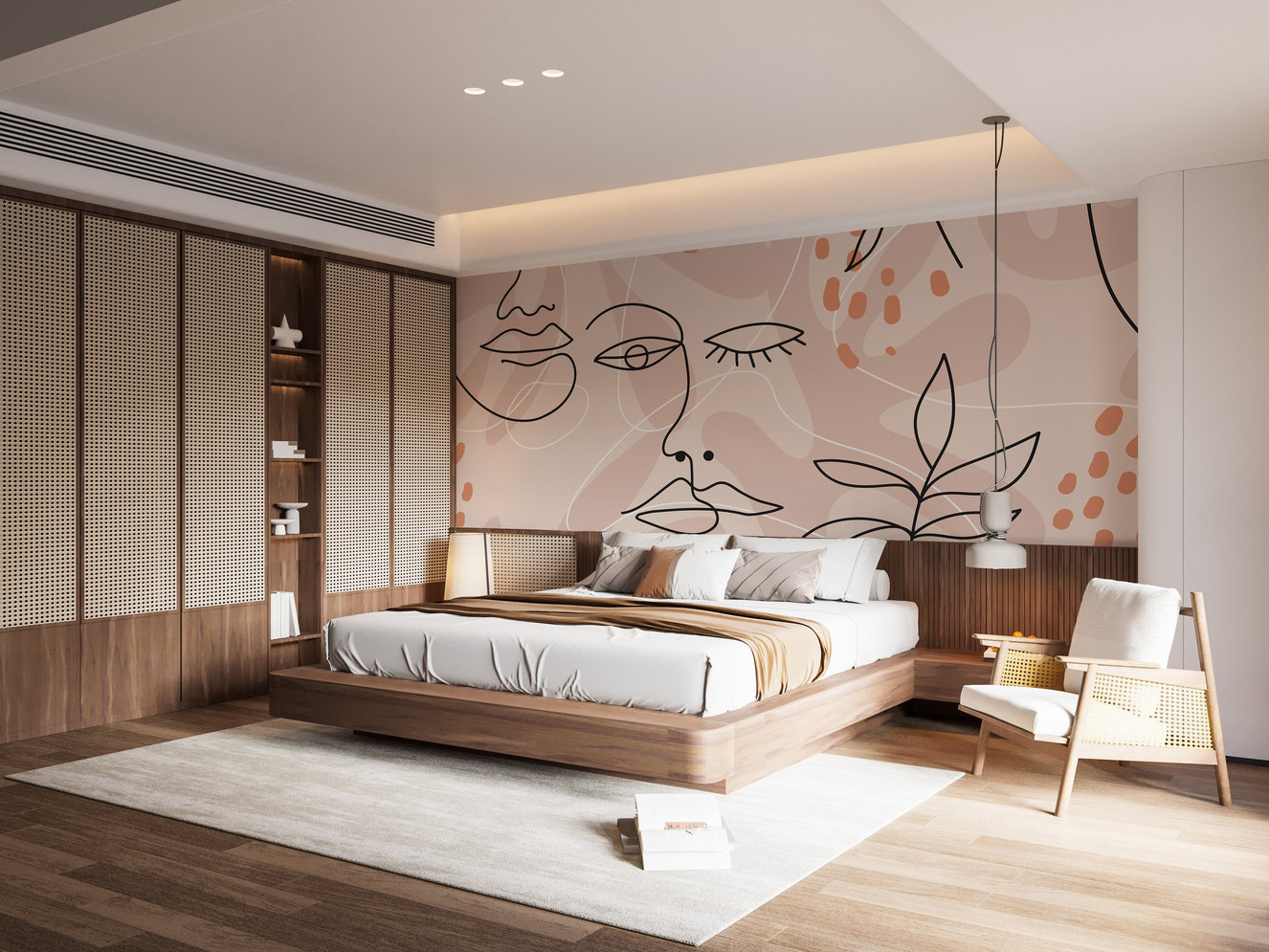 Large human face line pink wallpaper mural for walls
