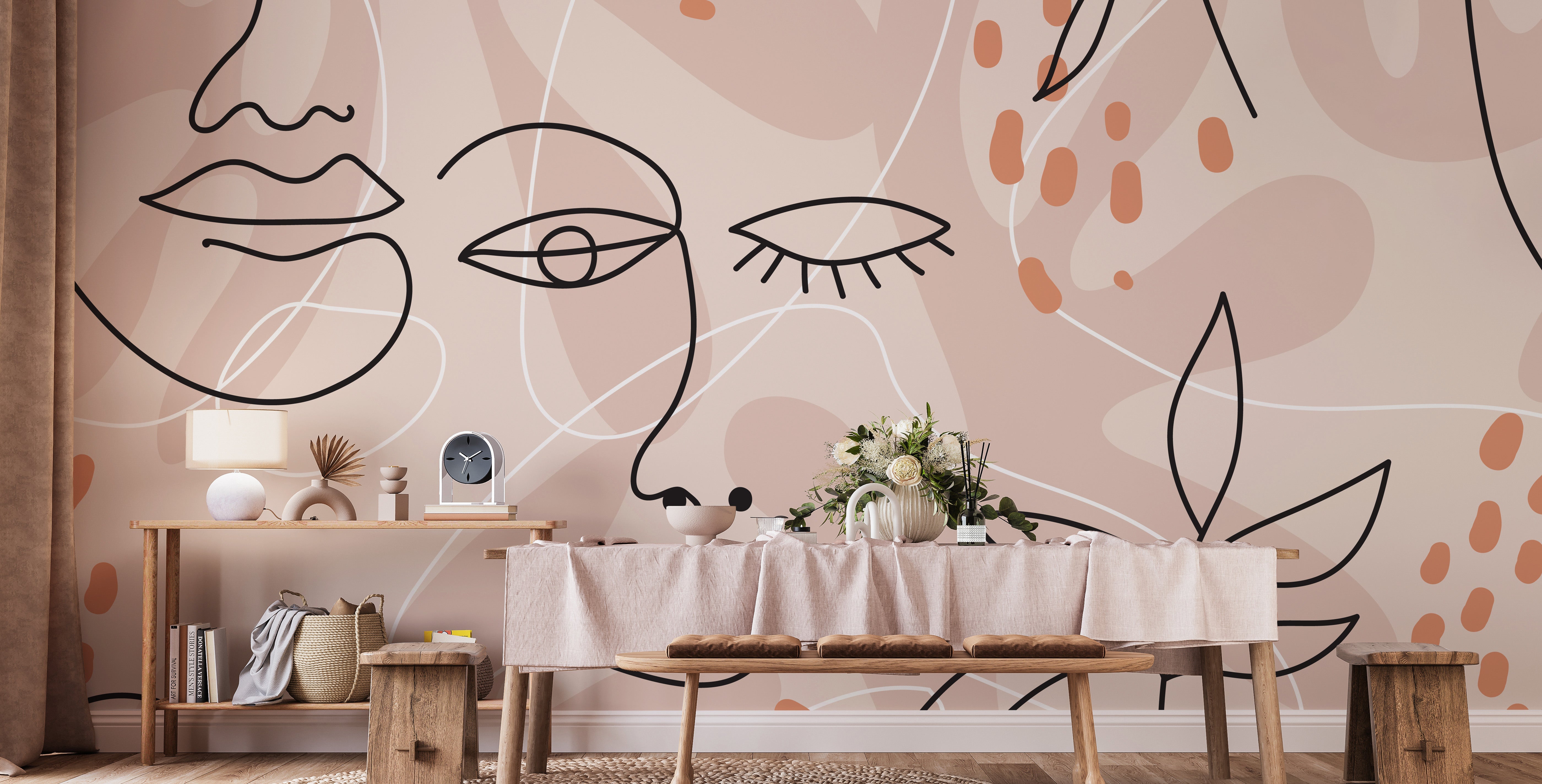 Large Human Face Line Pink Wallpaper Murals - Giffywalls