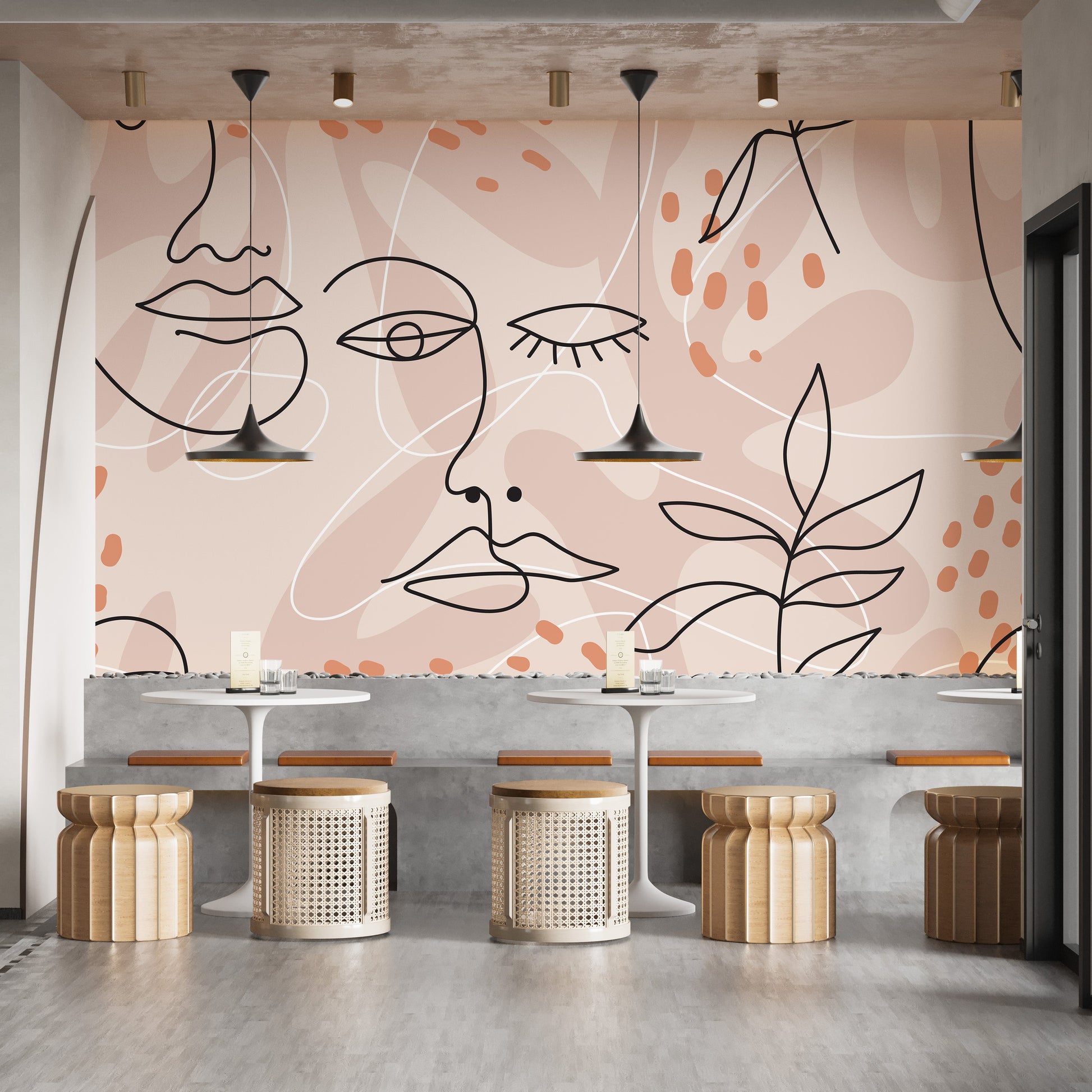 Elegant pink mural with human face line art design
