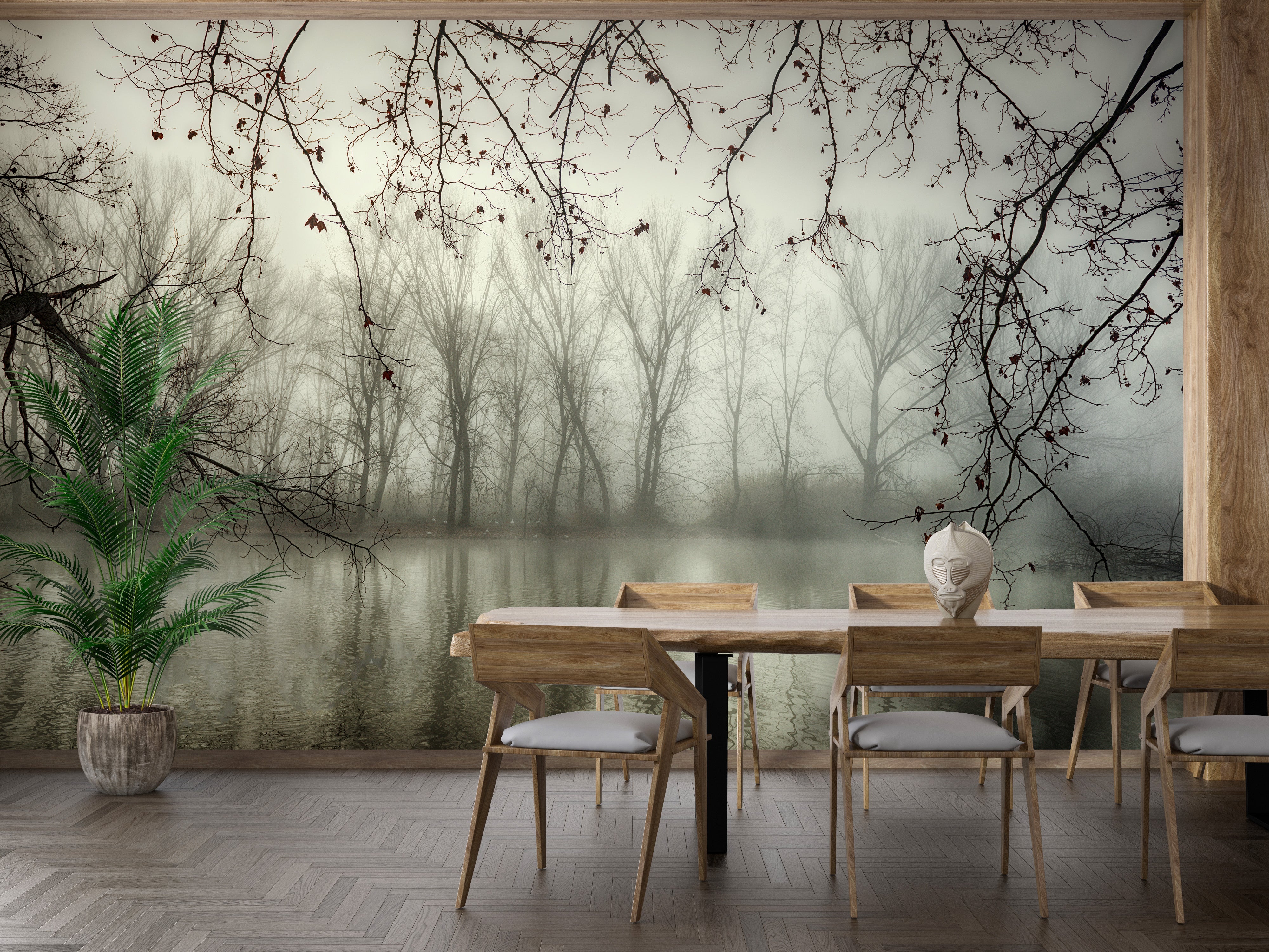 Mystical woodland wallpaper mural with foggy scenery
