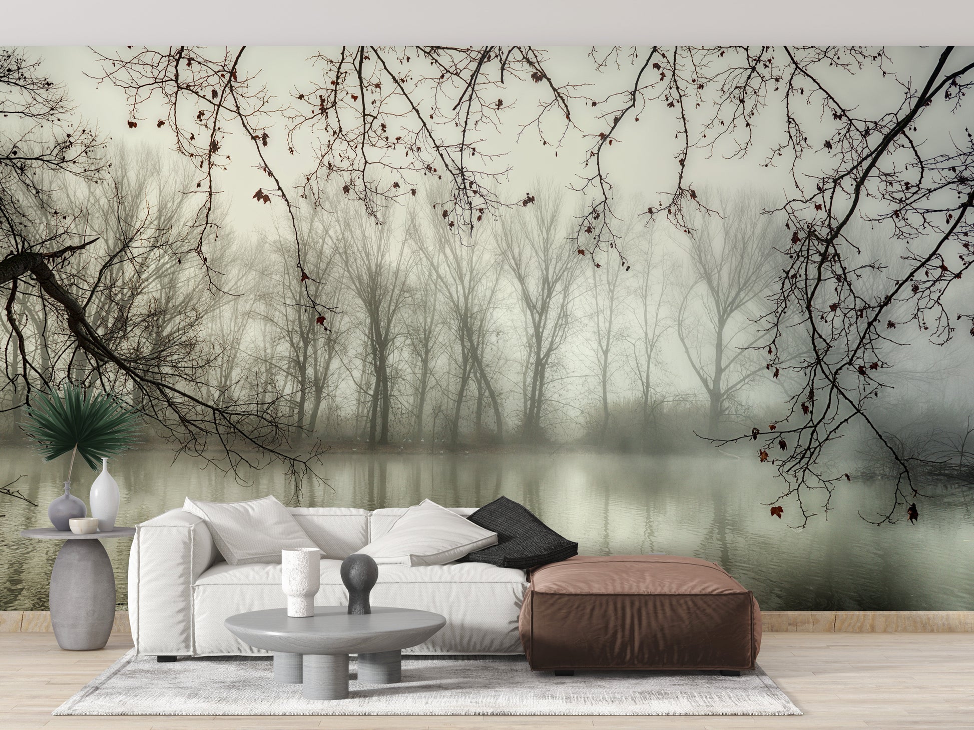 Foggy Spooky Woodland Forest With River Wallpaper Murals - Giffywalls