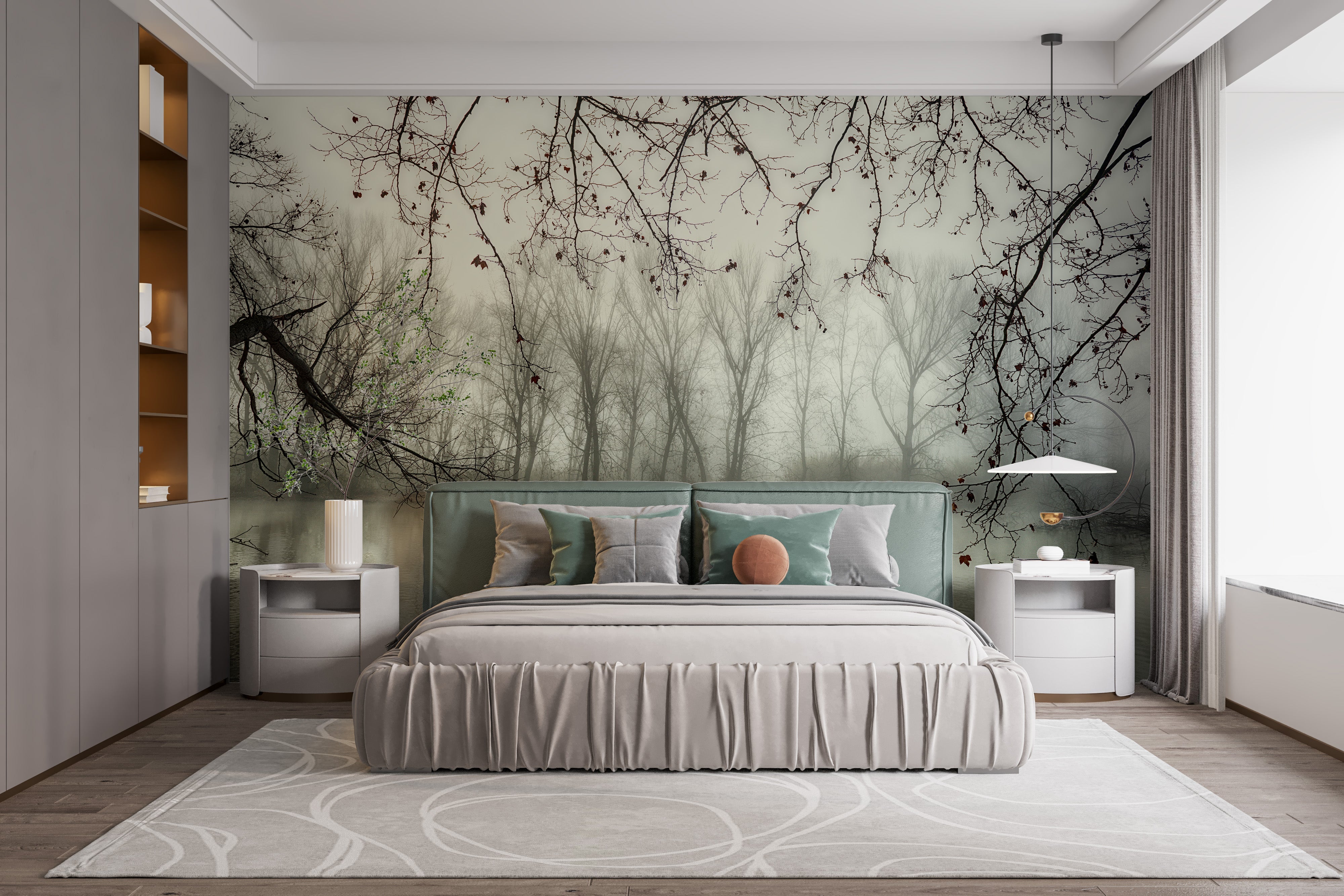 Foggy Spooky Woodland Forest With River Wallpaper Murals - Giffywalls