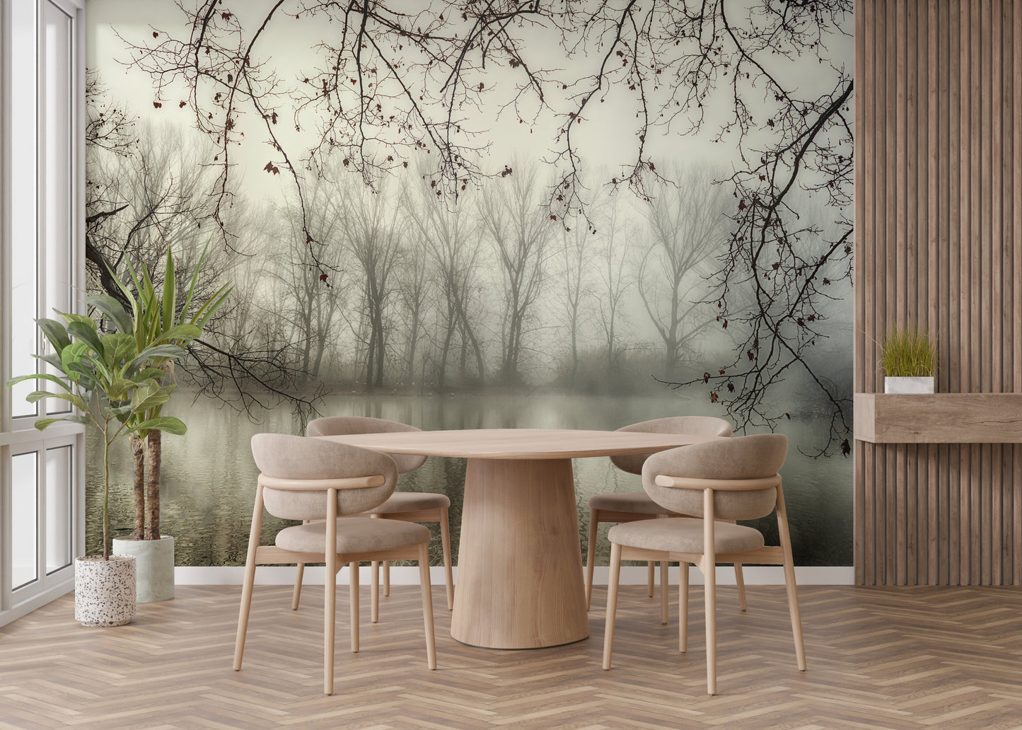 Foggy Spooky Woodland Forest With River Wallpaper Murals - Giffywalls