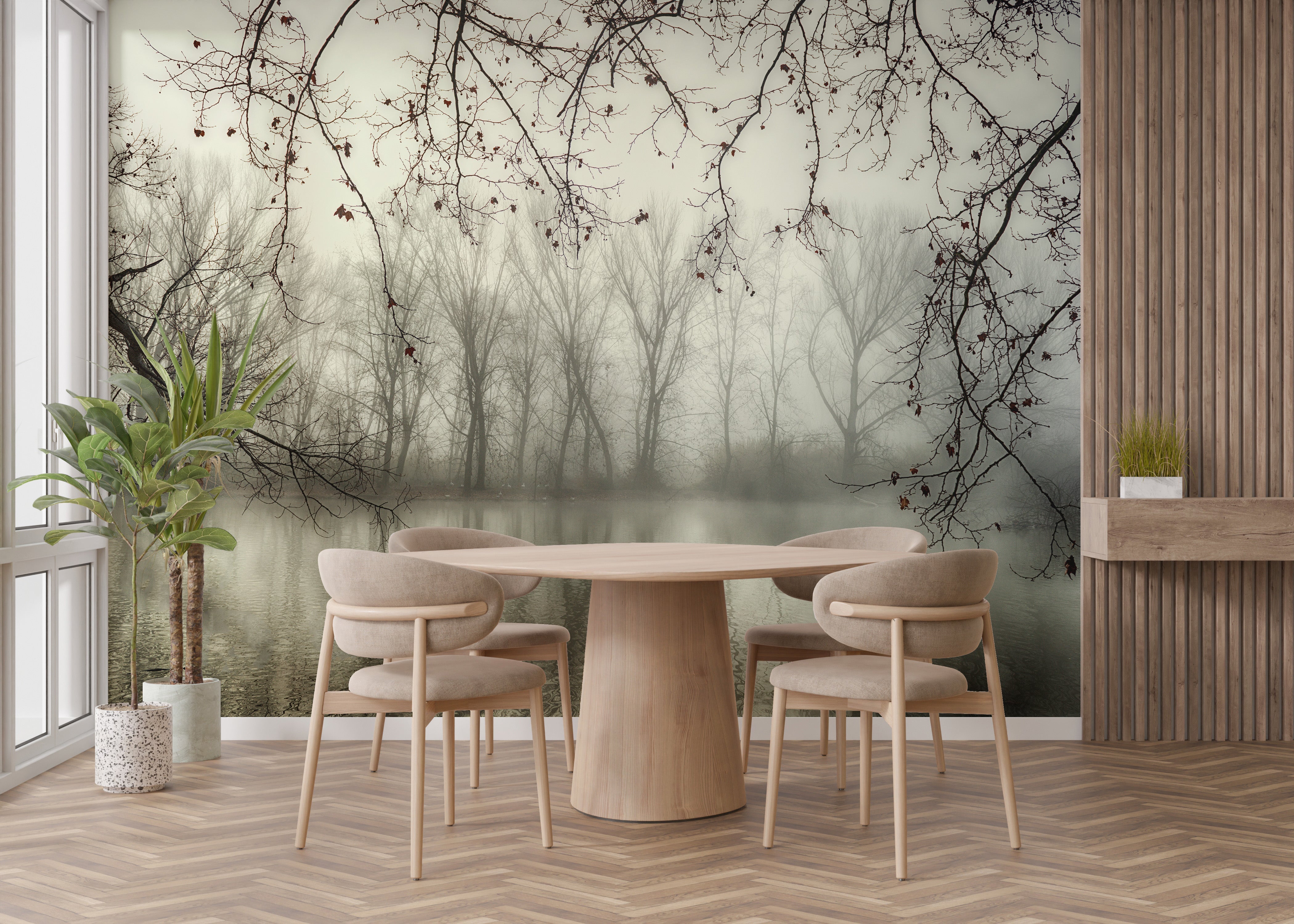 Foggy Spooky Woodland Forest With River Wallpaper Murals - Giffywalls