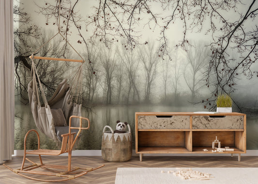 Foggy woodland wallpaper mural with spooky forest vibes
