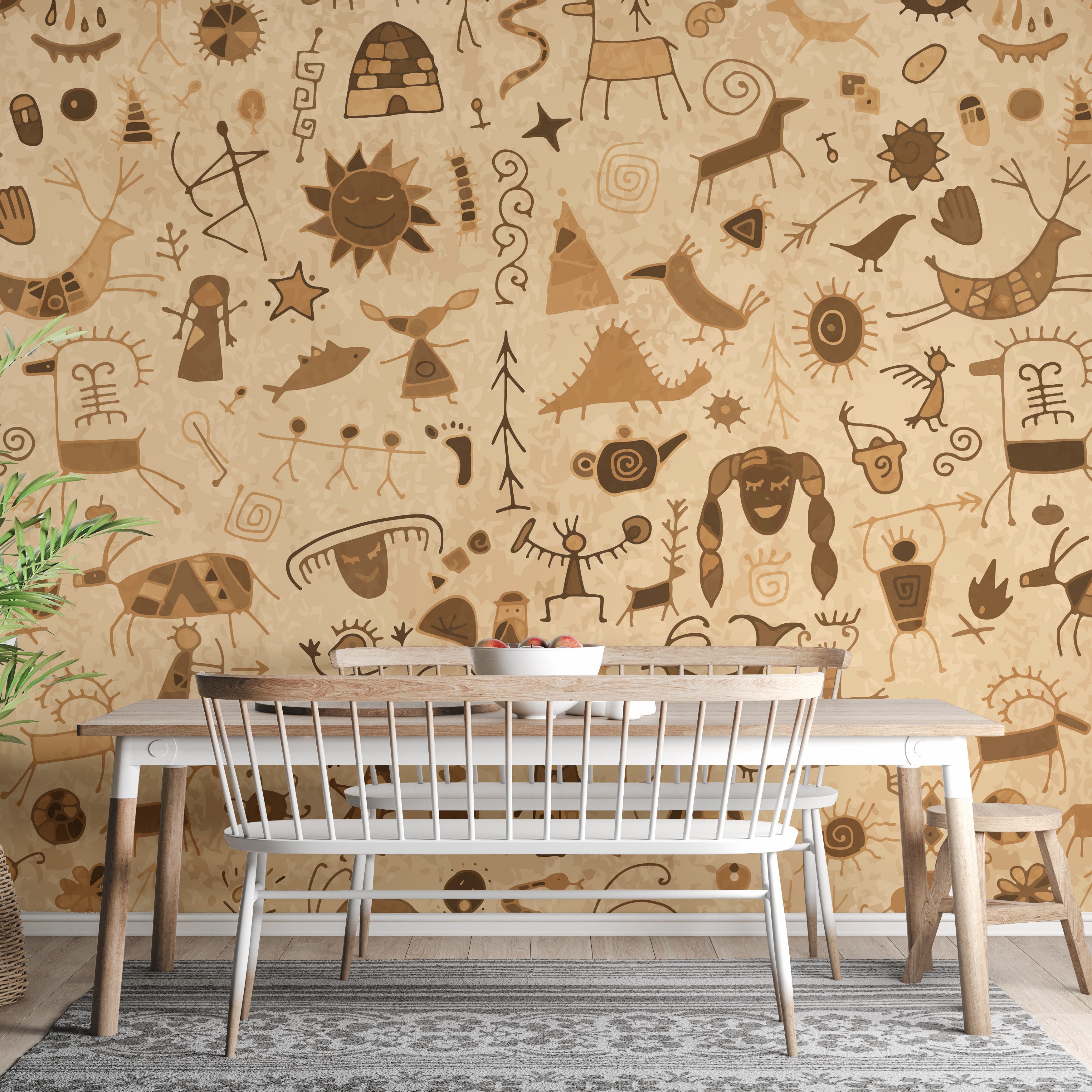 Rustic wallpaper mural with Warli art and rock textures
