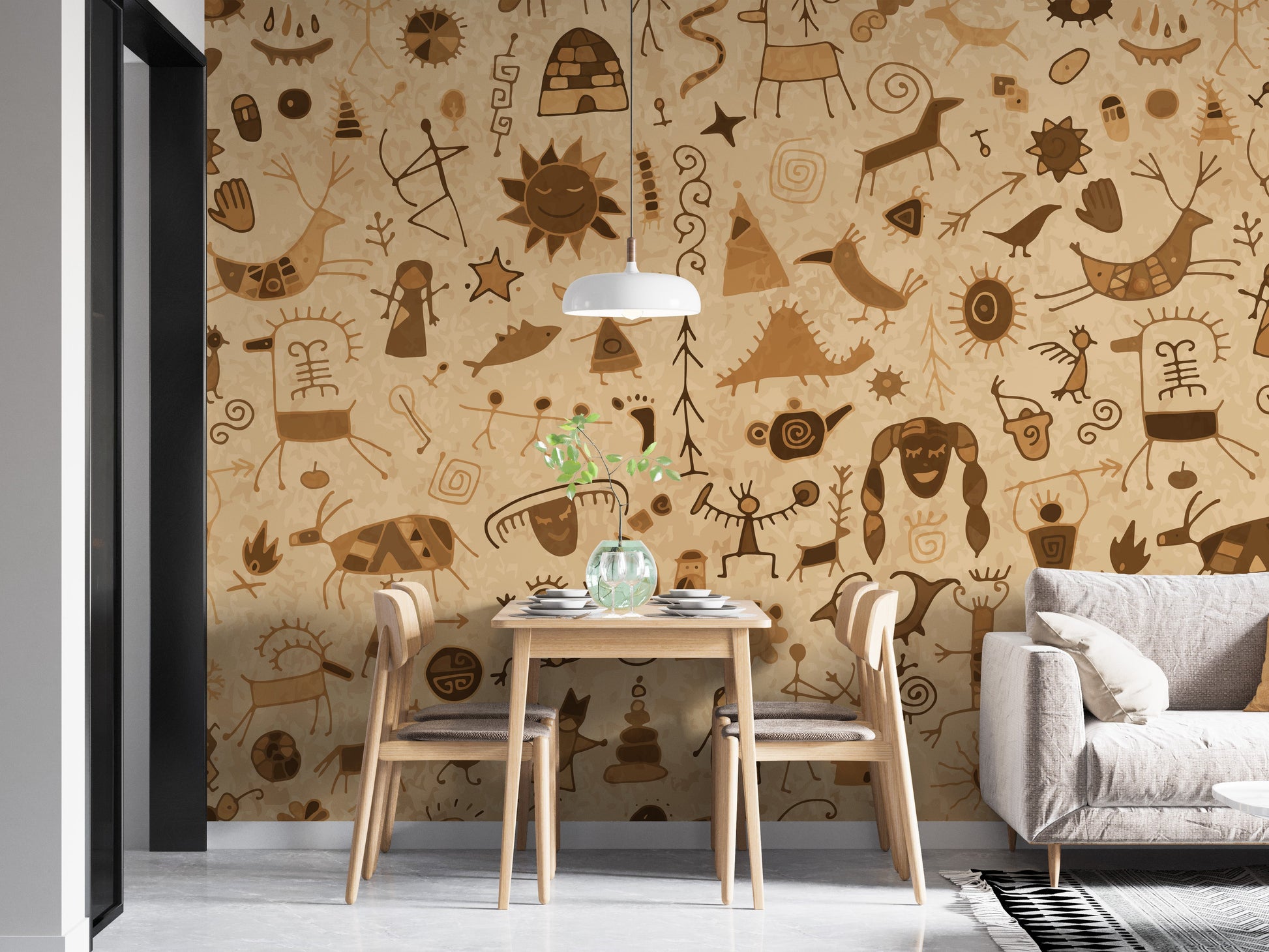 Old Warli art mural inspired by tribal rock paintings
