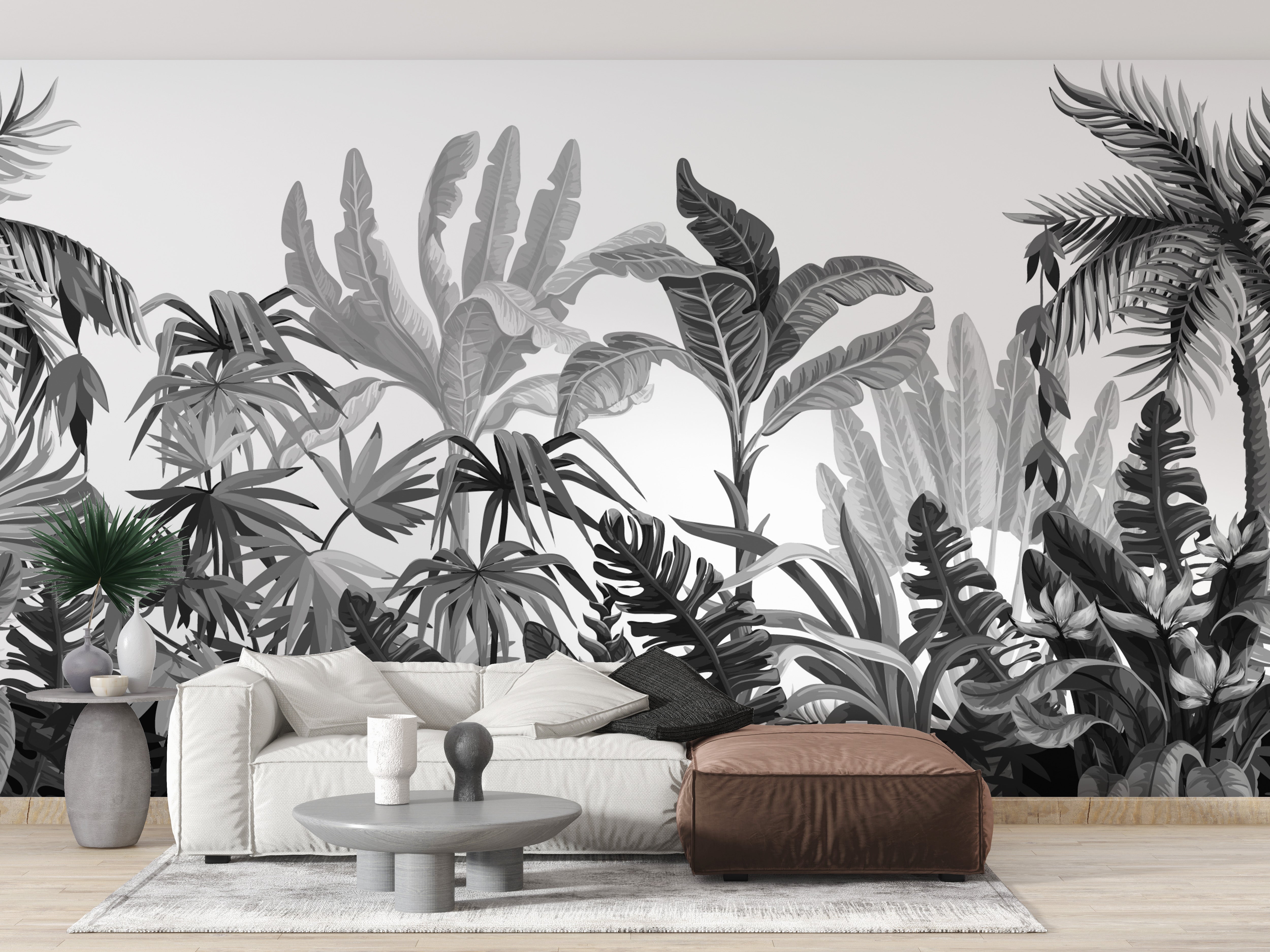 Black & White Tropical Banana Leaves Wallpaper Mural - Giffywalls