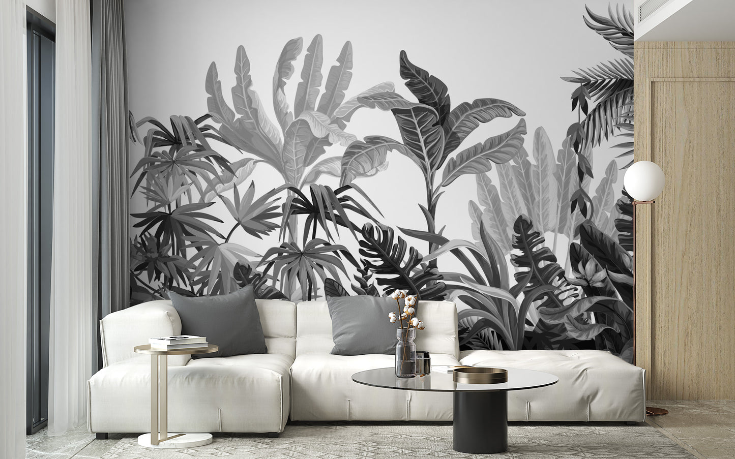 Black & White Tropical Banana Leaves Wallpaper Mural - Giffywalls