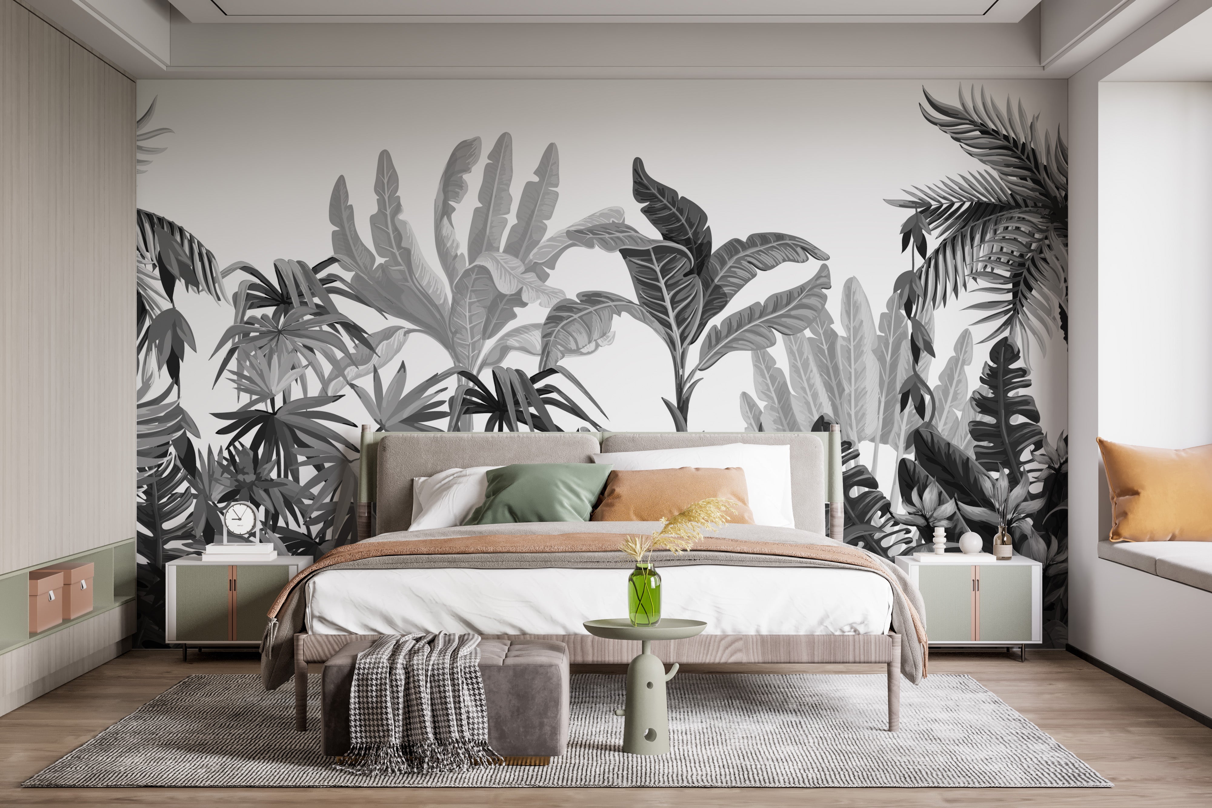 Black & White Tropical Banana Leaves Wallpaper Mural - Giffywalls