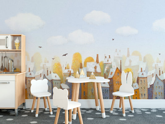 Watercolor city view mural for modern interiors
