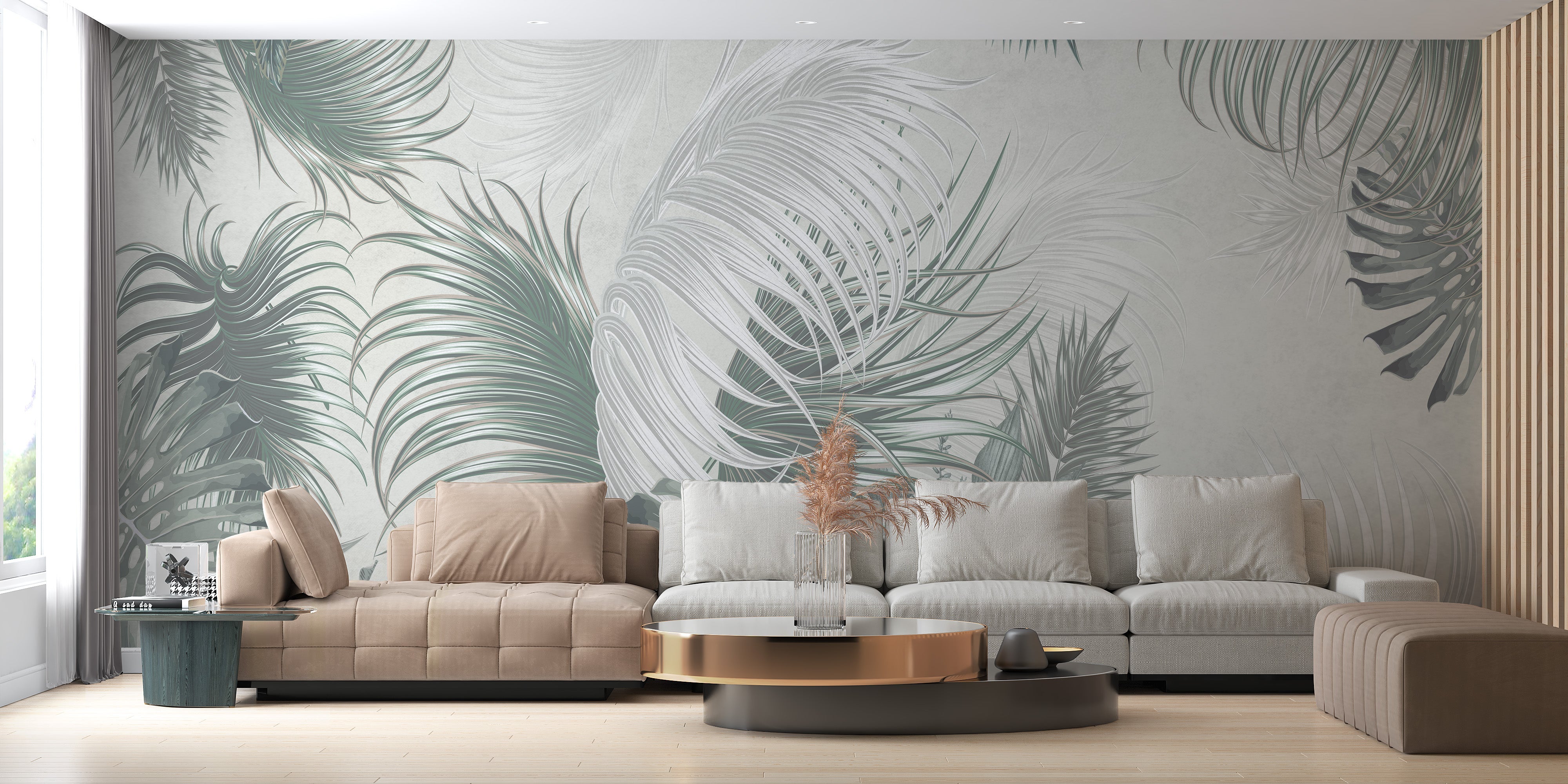 Gray-green palm leaves mural for interiors
