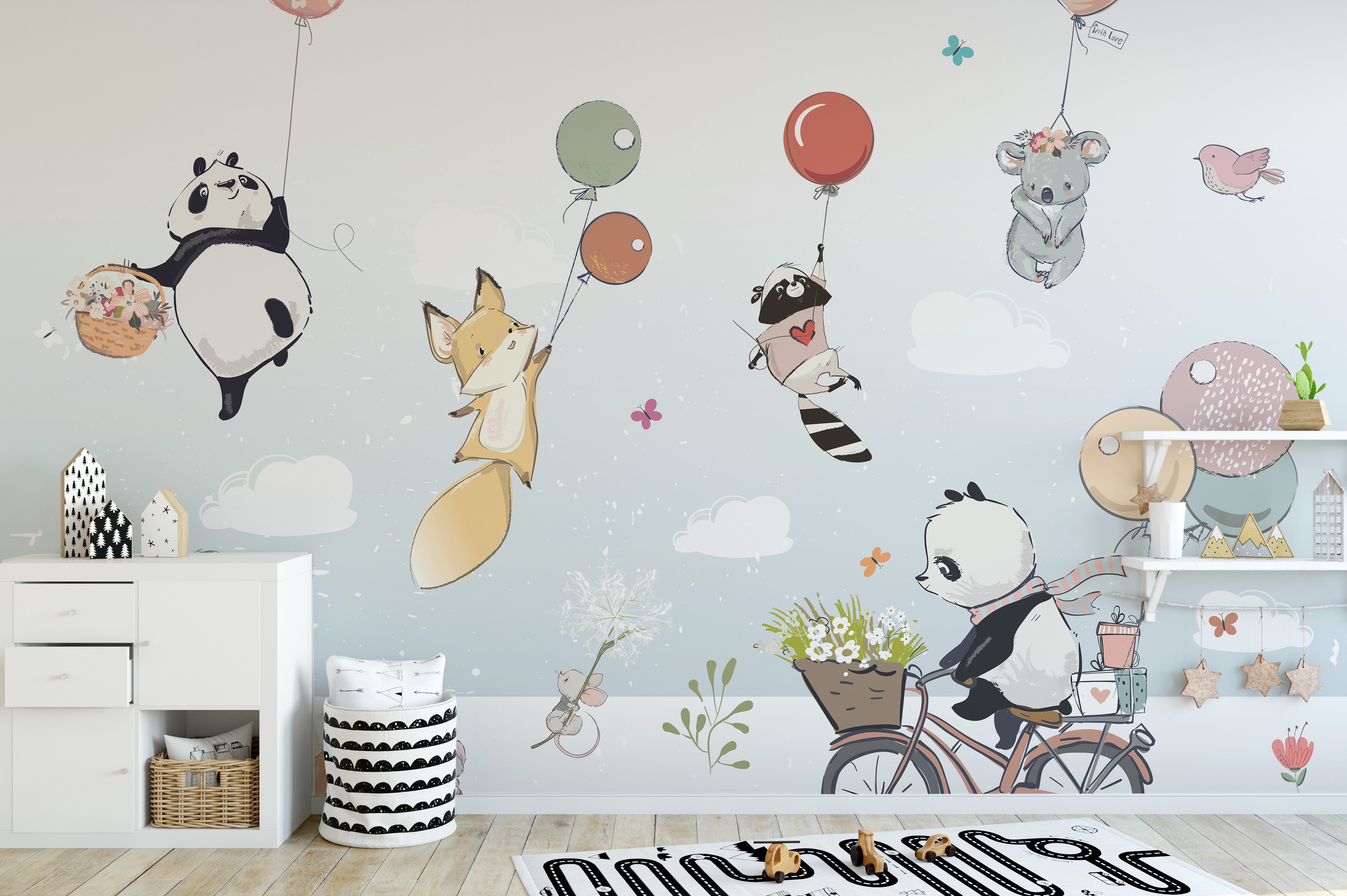 Flying animals with balloons kids room mural
