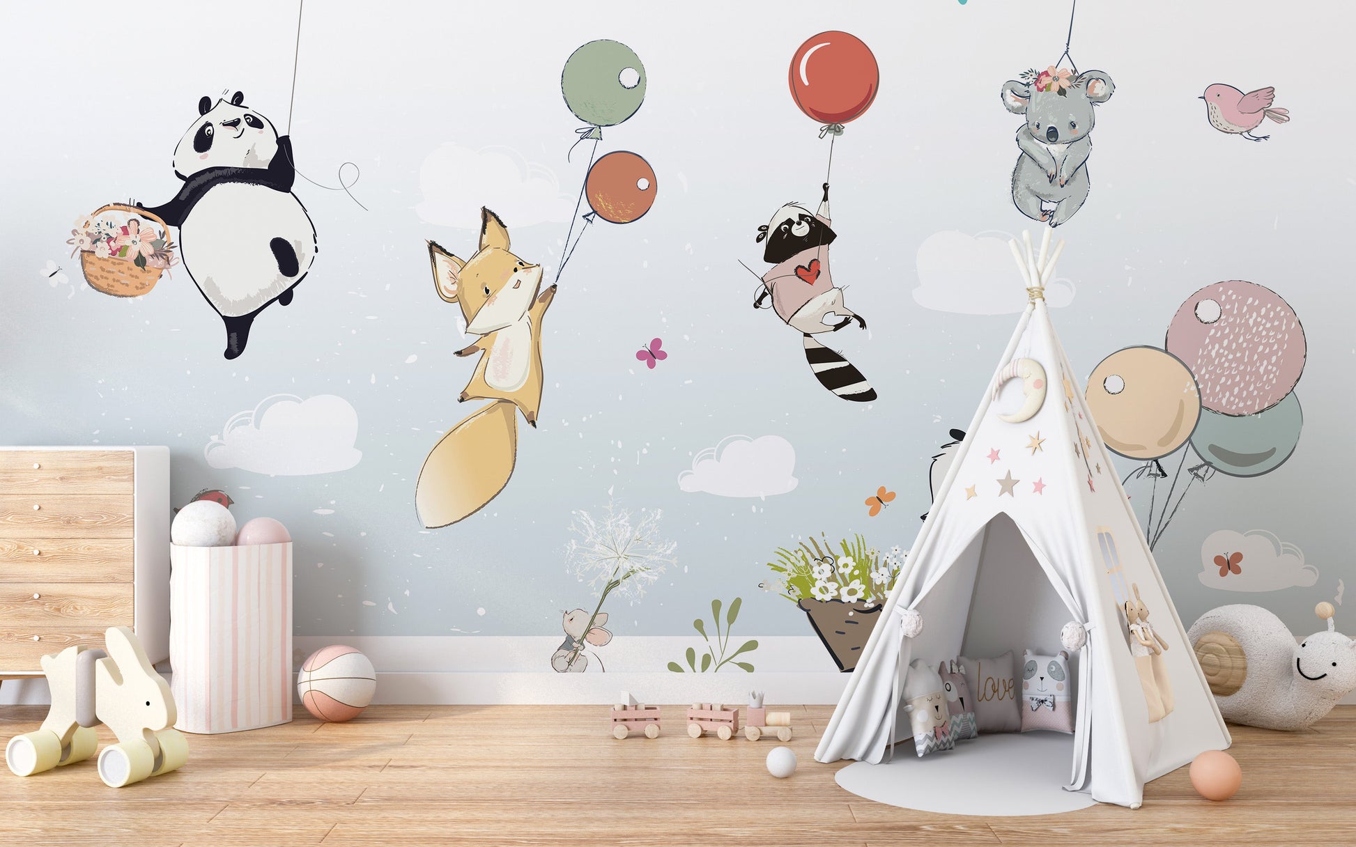 Flying Animals with Balloons in the Air Wallpaper Murals - Giffywalls