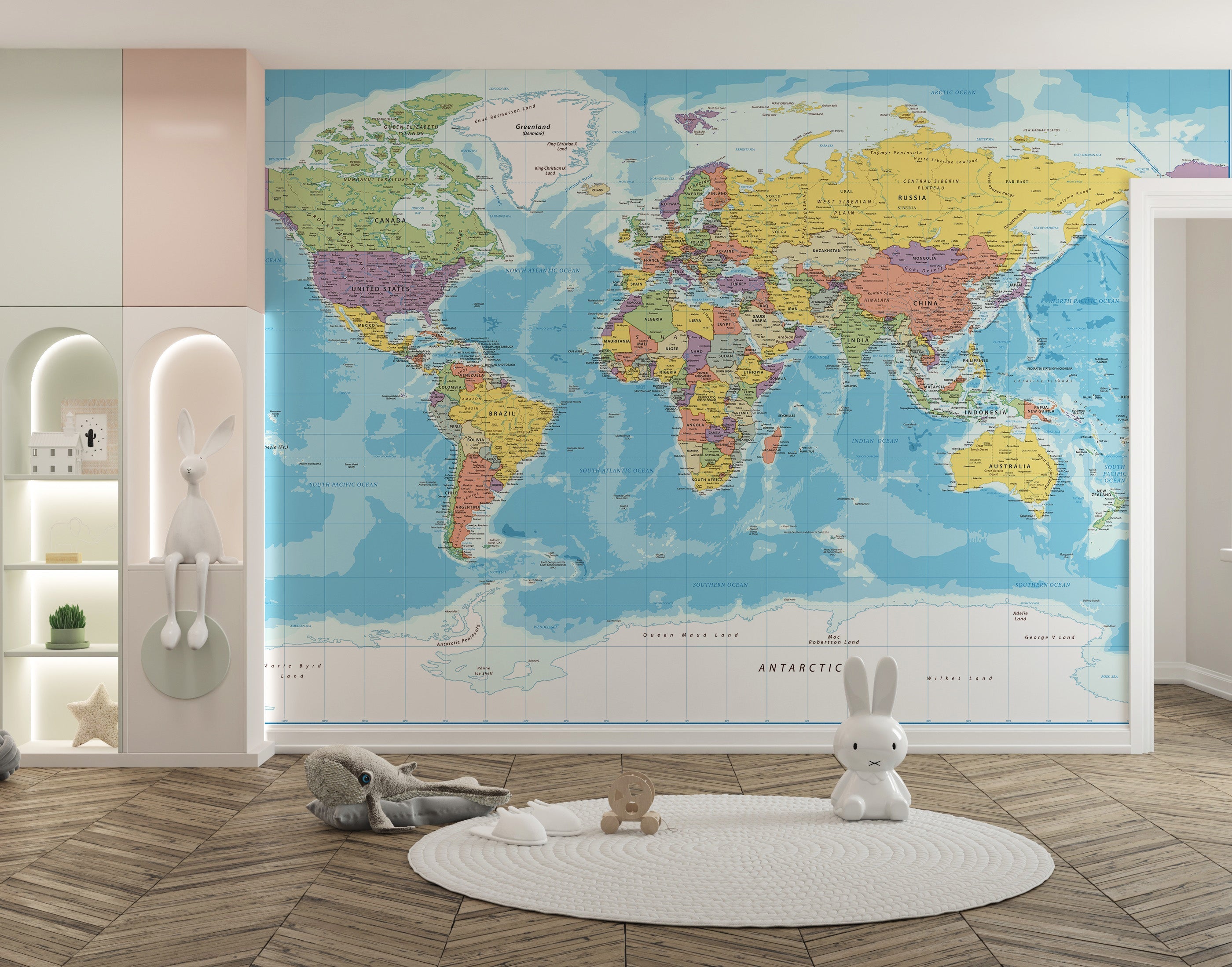 Detailed world map wallpaper mural design
