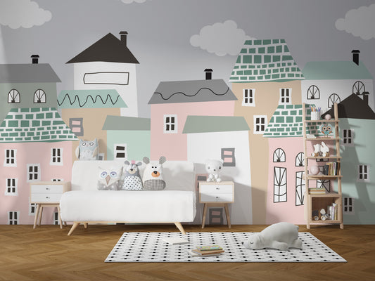 Pastel Houses Town Wallpaper Mural