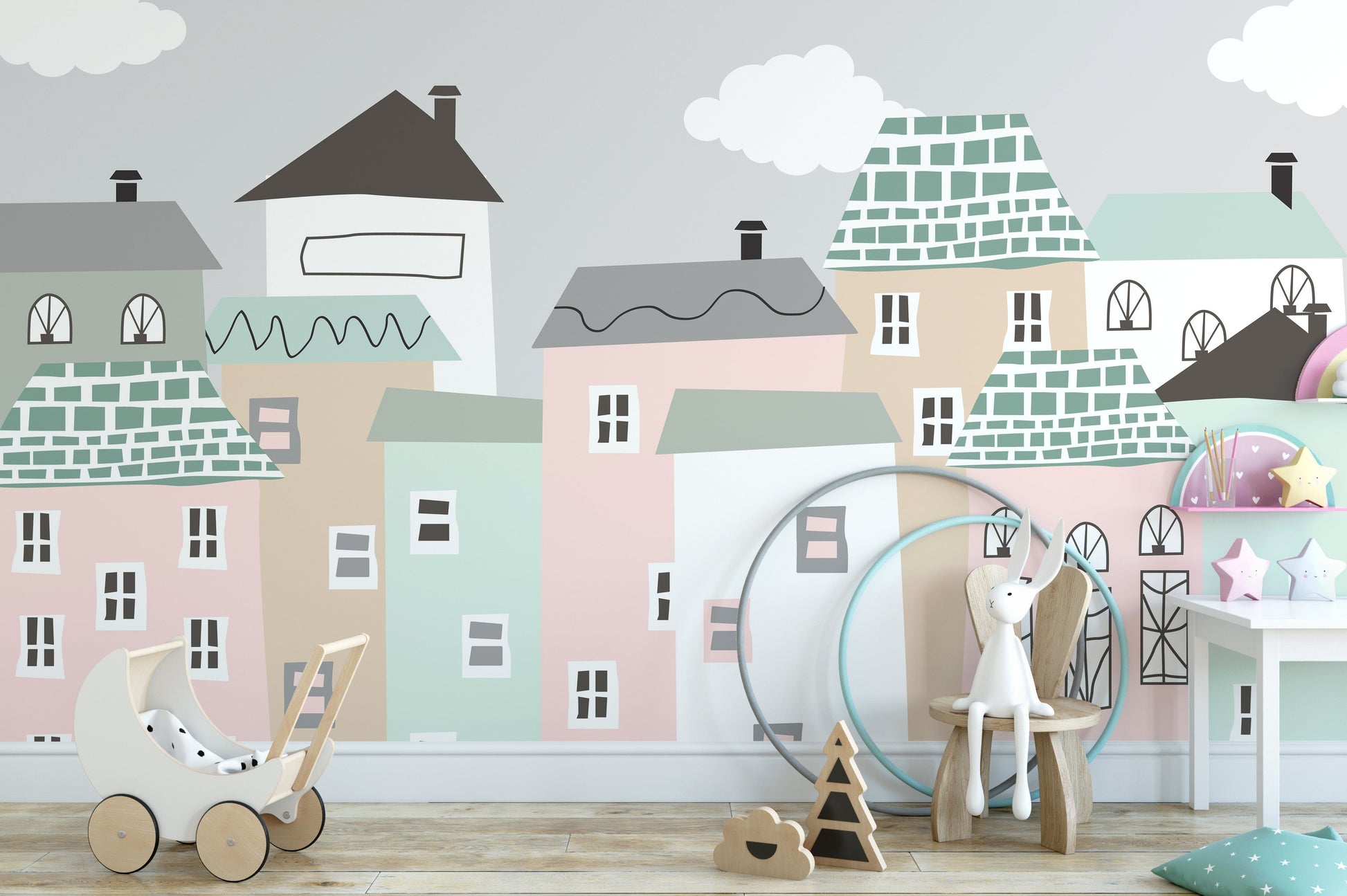 Pastel Houses Town Wallpaper Mural - Giffywalls