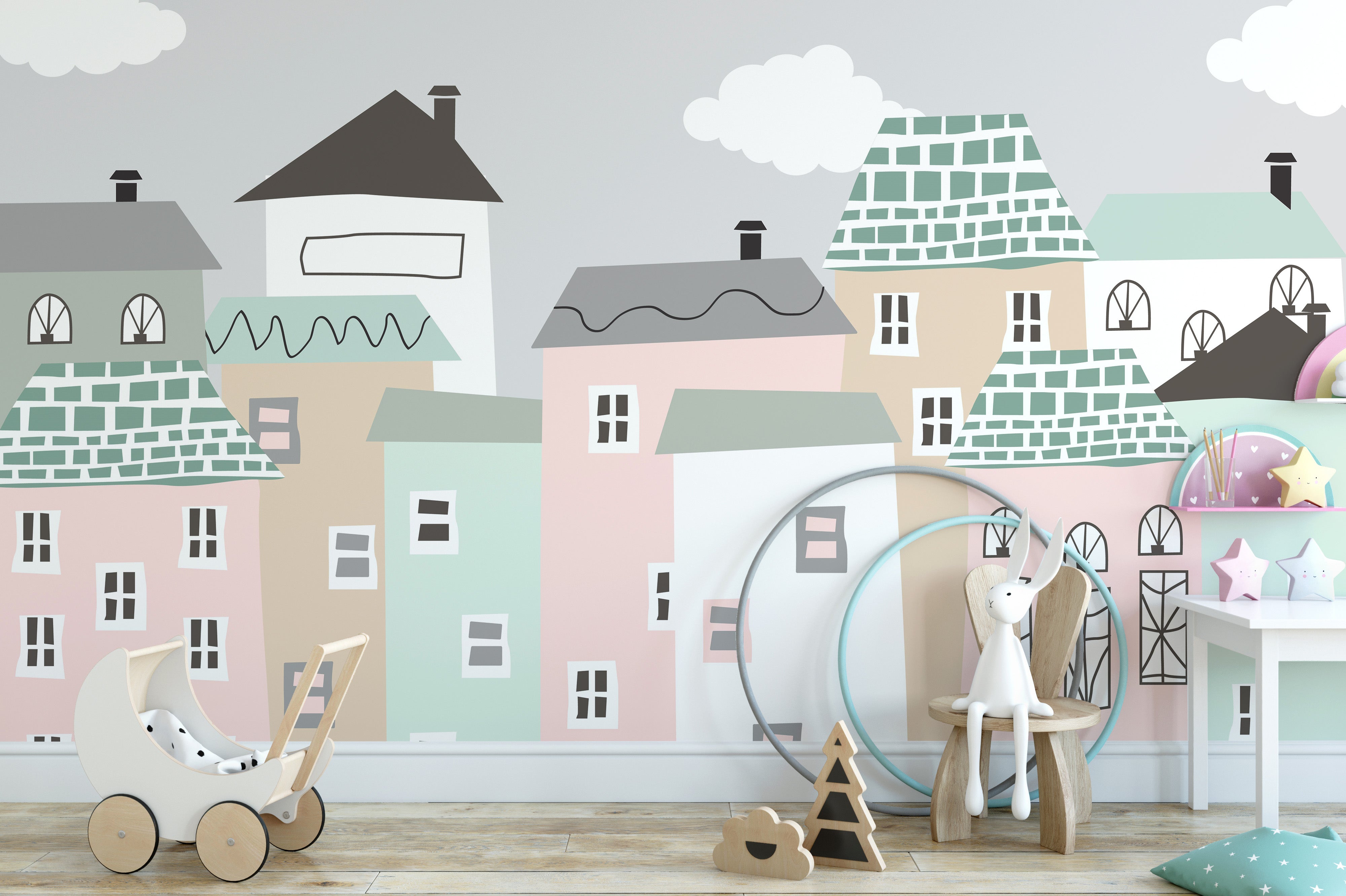 Pastel Houses Town Wallpaper Mural - Giffywalls