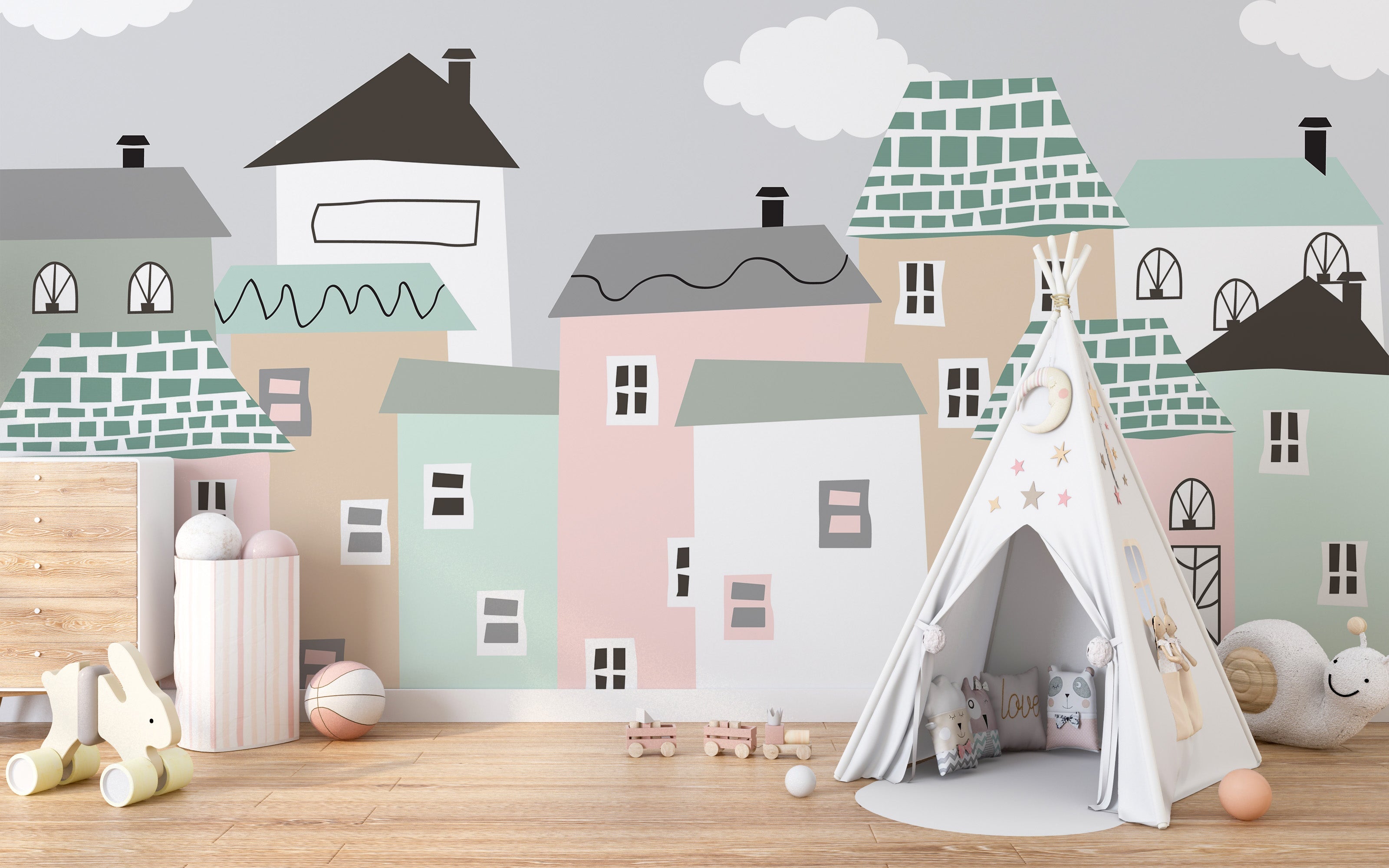 Pastel Houses Town Wallpaper Mural - Giffywalls