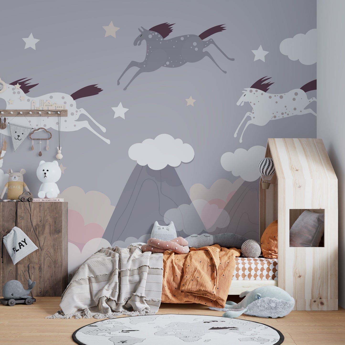 Clouds and Flying Horses wallpaper mural