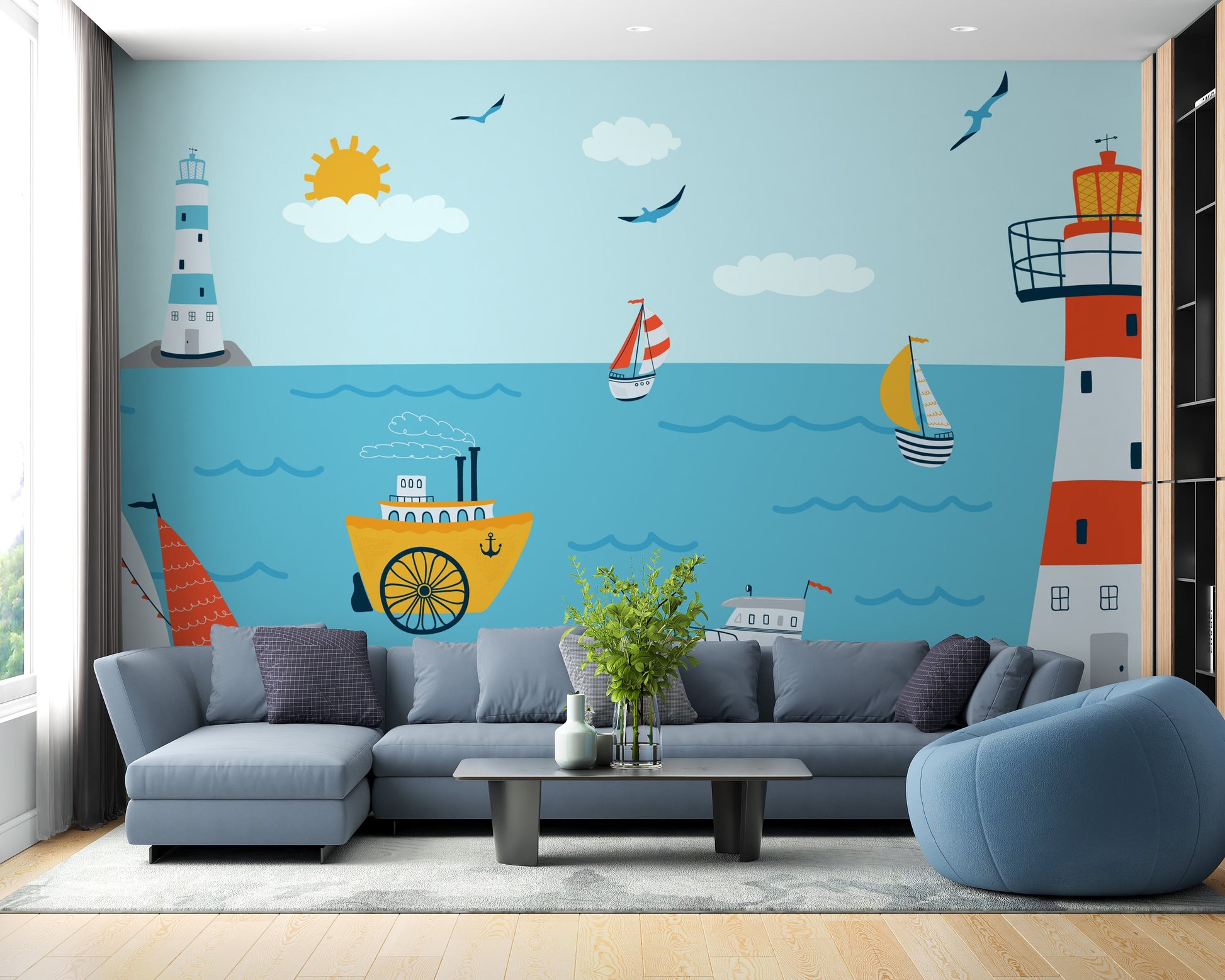 Kids’ wallpaper with boats, lighthouse, and ocean waves