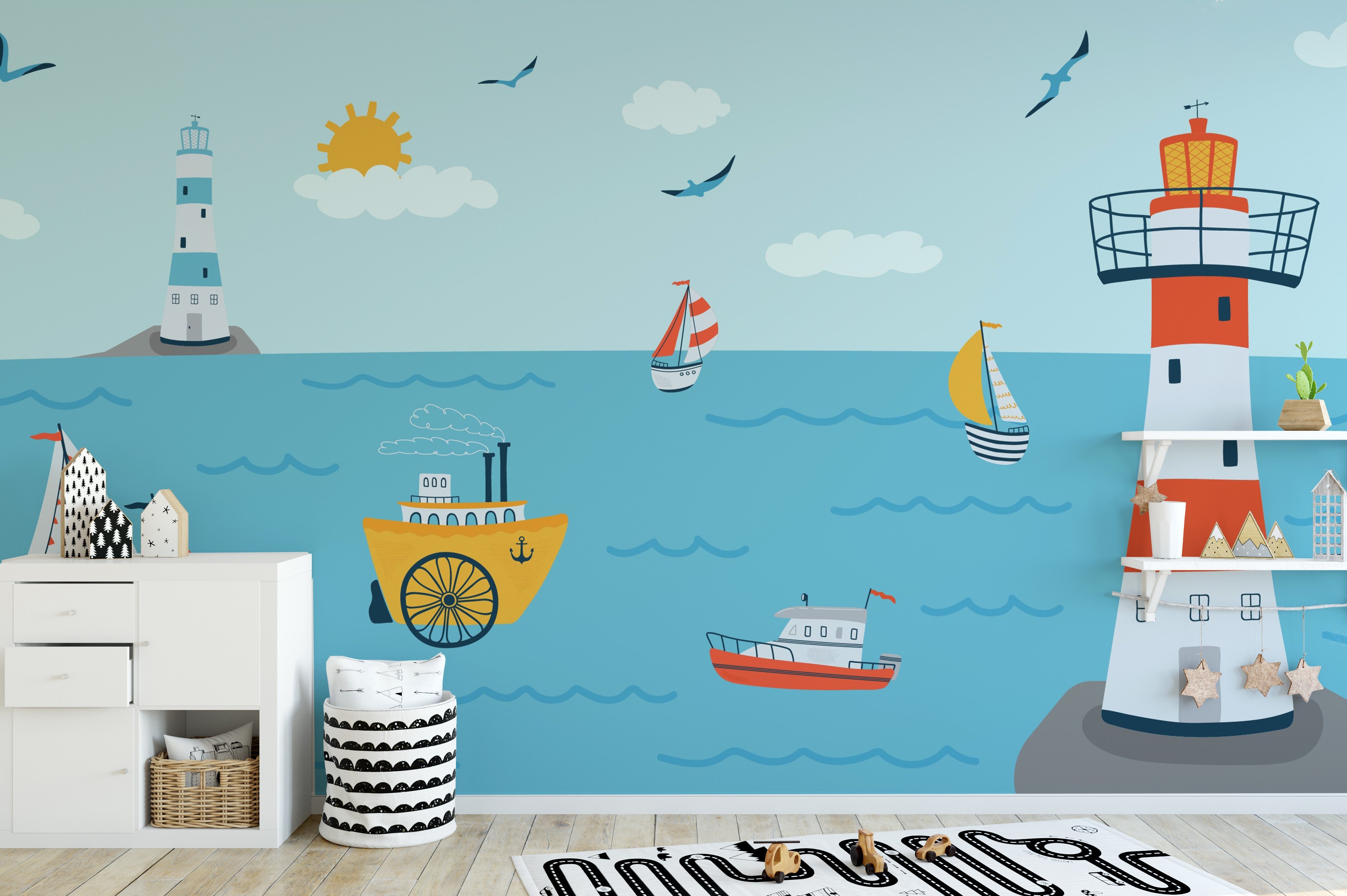 Ocean with Lighthouse and Boat wallpaper - Giffywalls