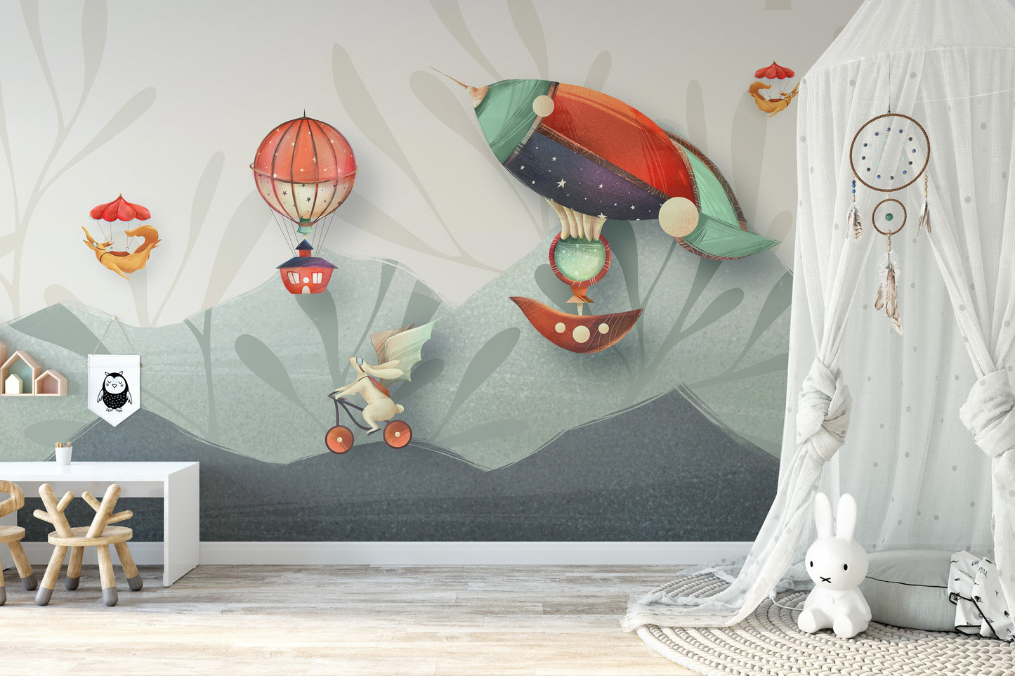 Adventure-themed kids wallpaper with flying animals.