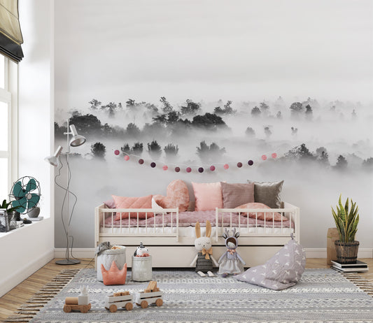 Black and white clouds over forest wallpaper mural.