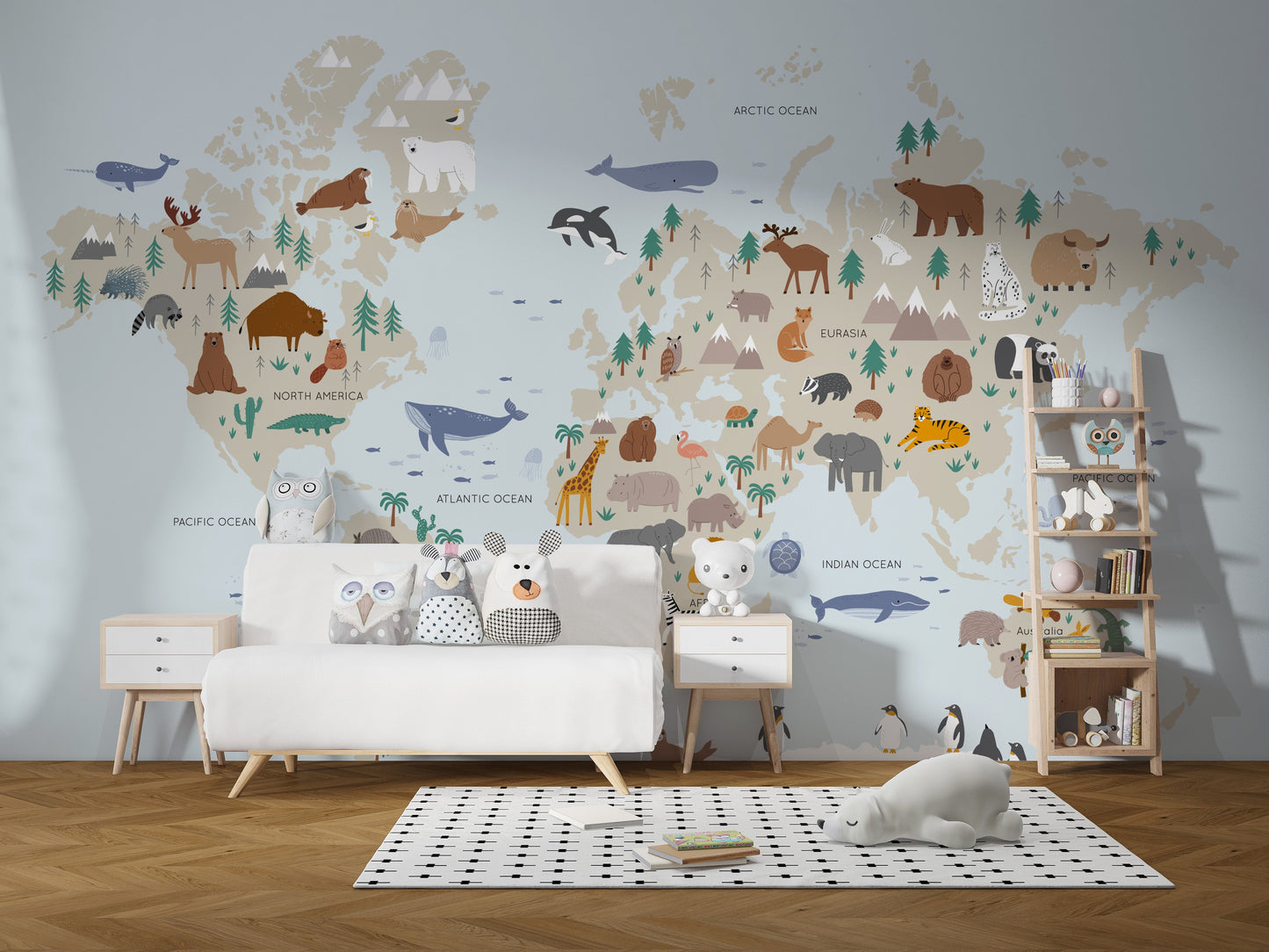 Cute safari animals on kids educational map wallpaper