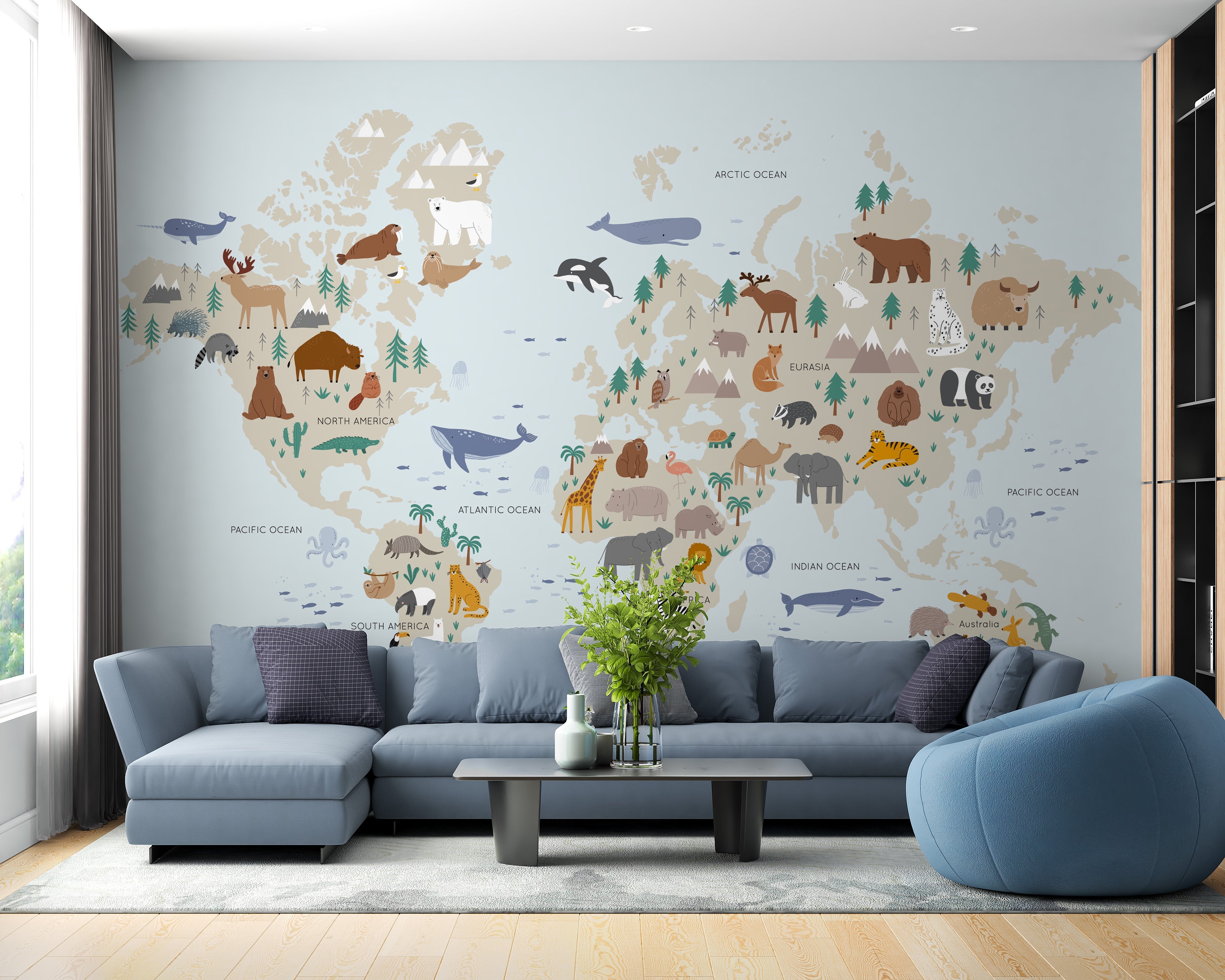 Safari animal-themed wallpaper for children’s playroom