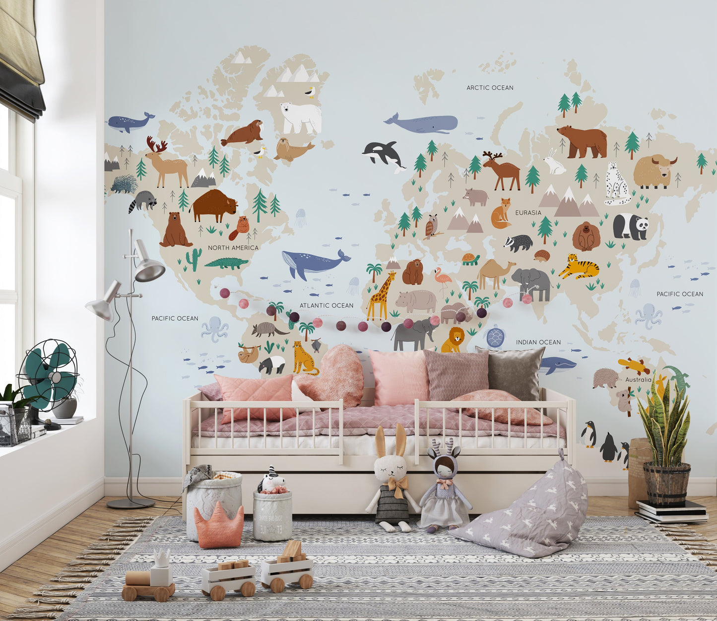 Animal safari kids map wallpaper with wildlife themes