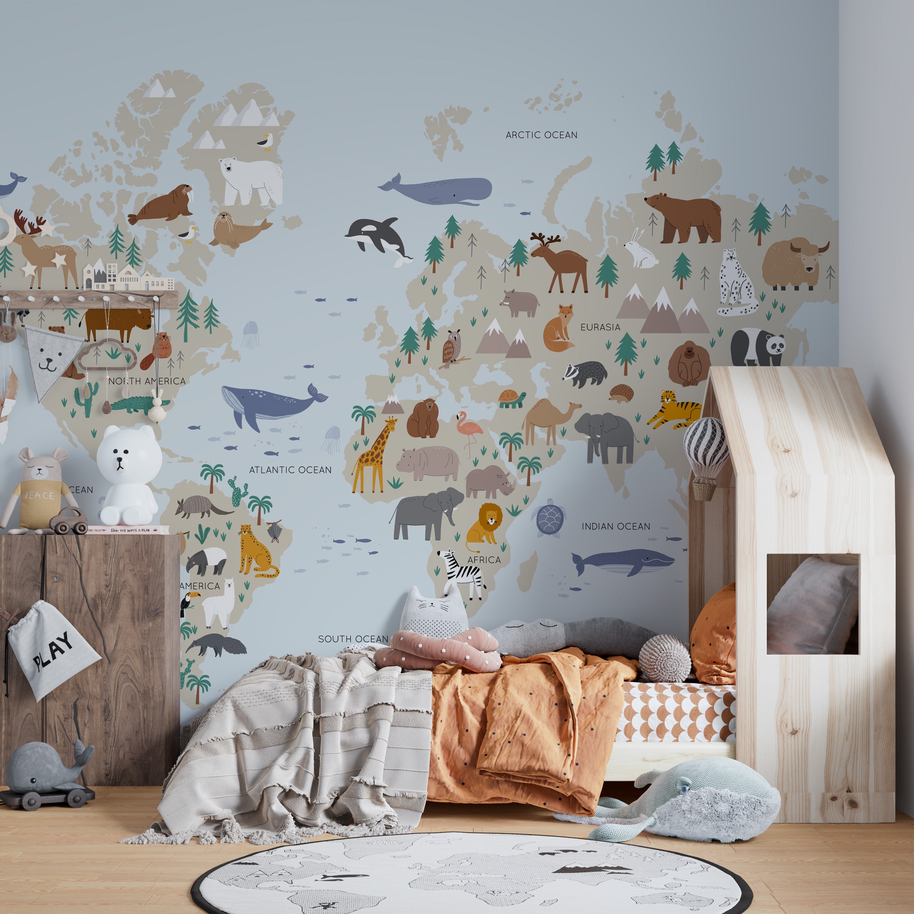 Safari animals world map wallpaper for nursery decor