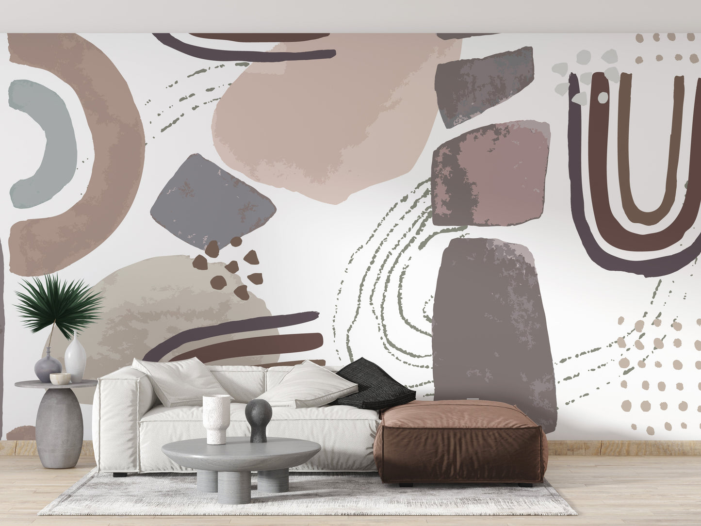 Scandinavian abstract mural in soft pastel and earth tones.