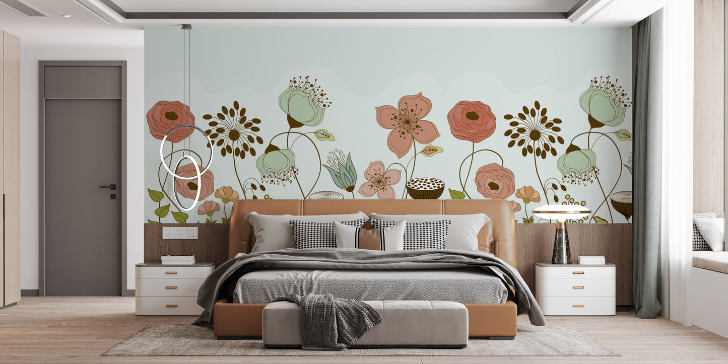 Artistic flower mural with soft earthy tones.