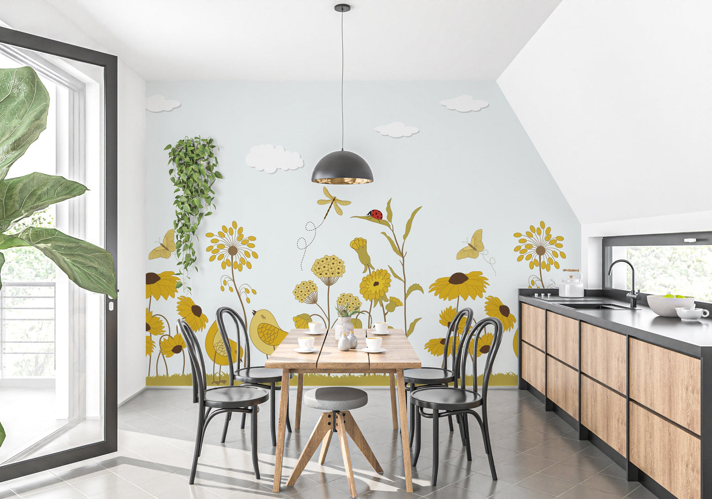 Yellow Flower with Birds Wallpaper Mural - Giffywalls