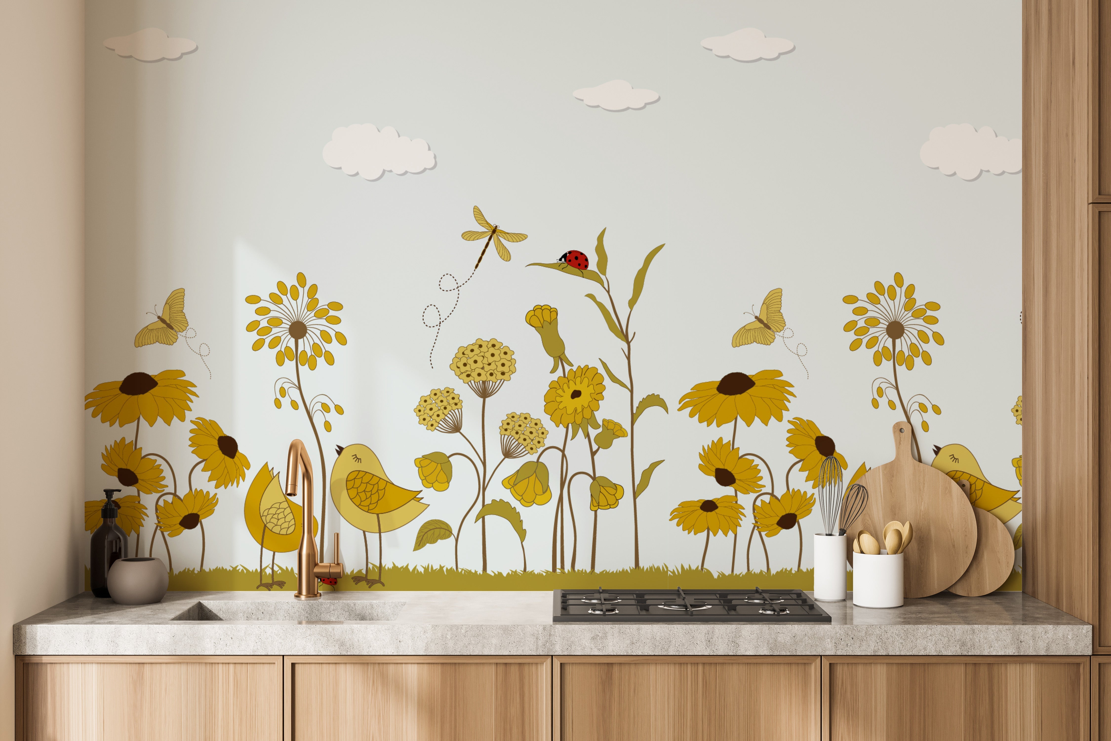 Yellow Flower with Birds Wallpaper Mural - Giffywalls