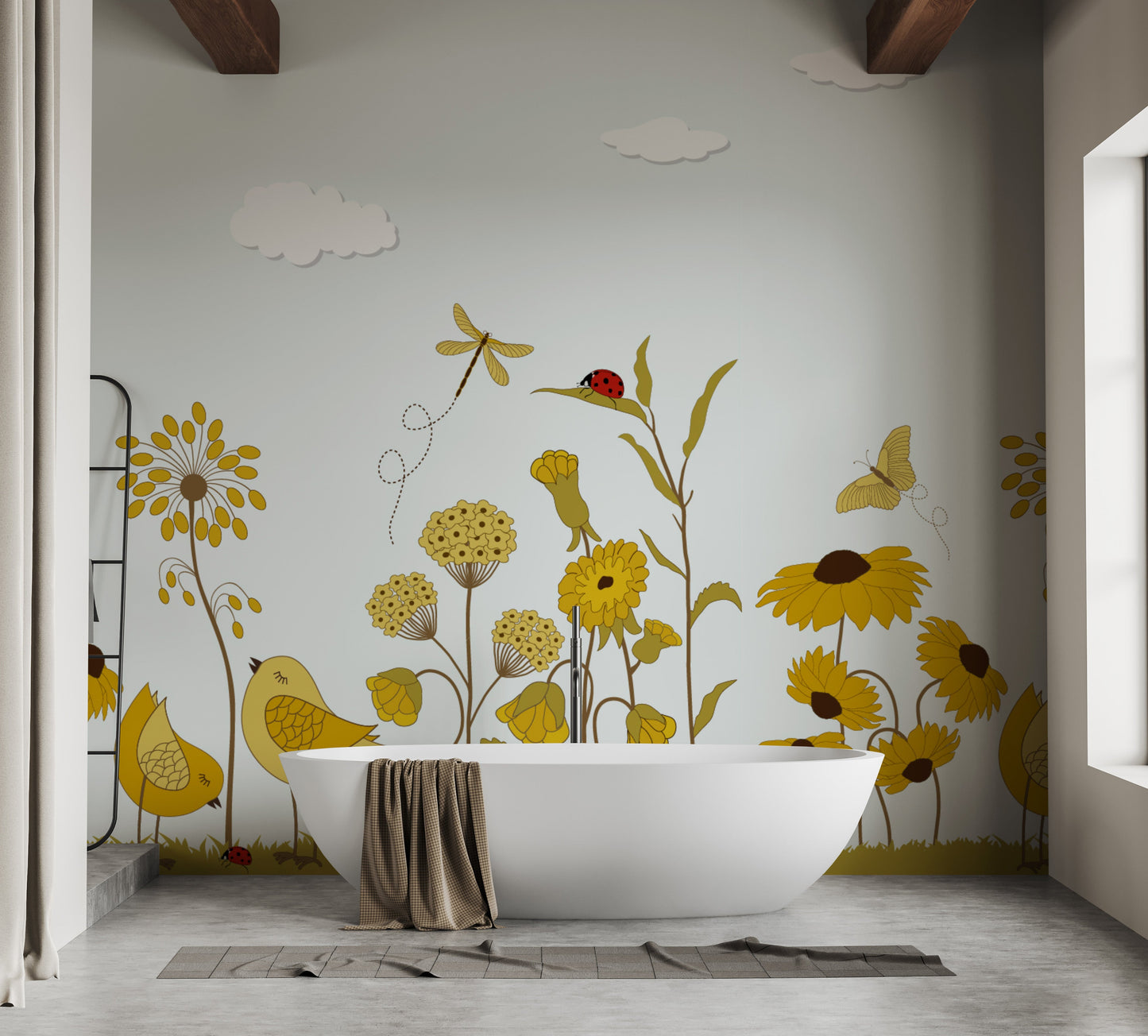 Yellow Flower with Birds Wallpaper Mural - Giffywalls