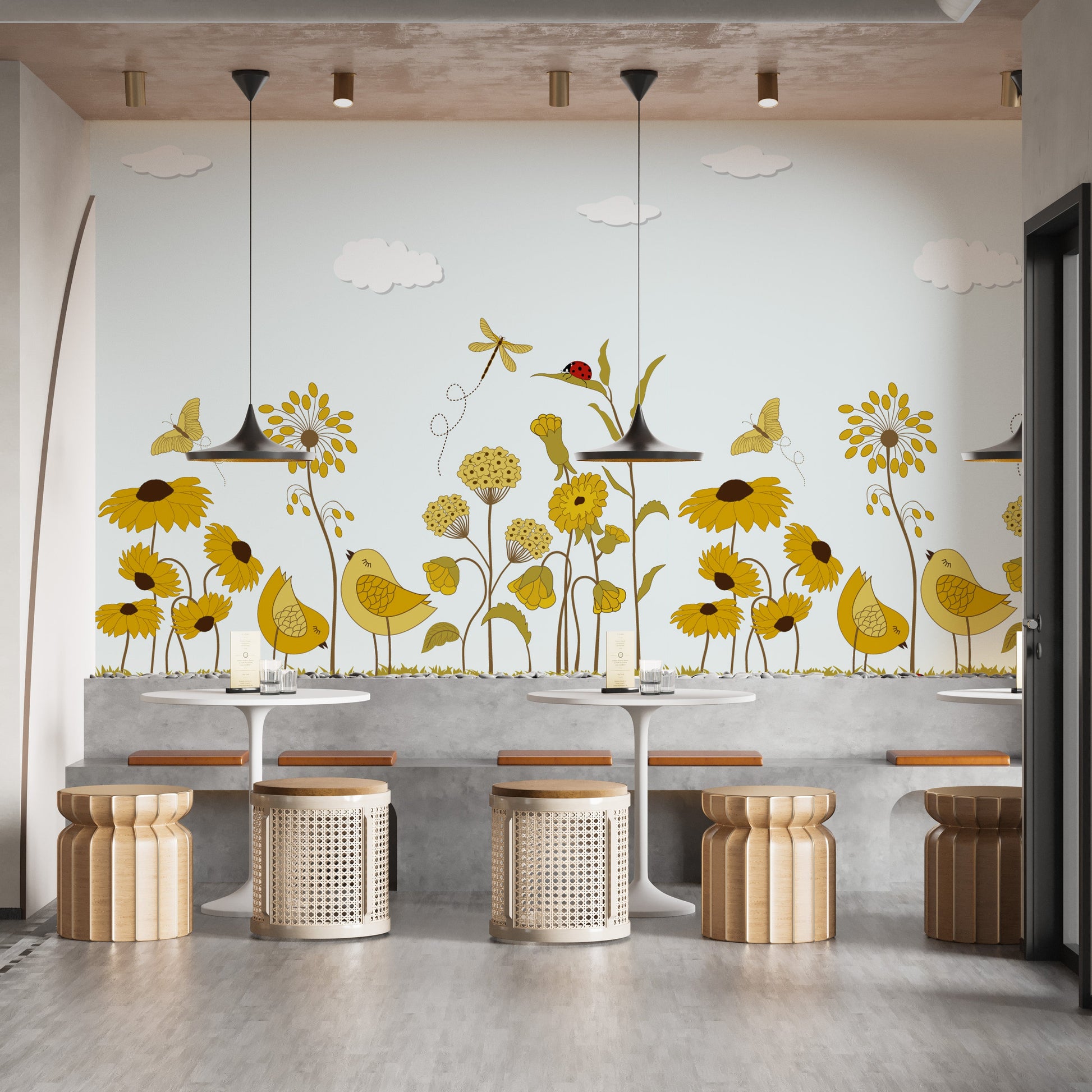 Yellow Flower with Birds Wallpaper Mural - Giffywalls