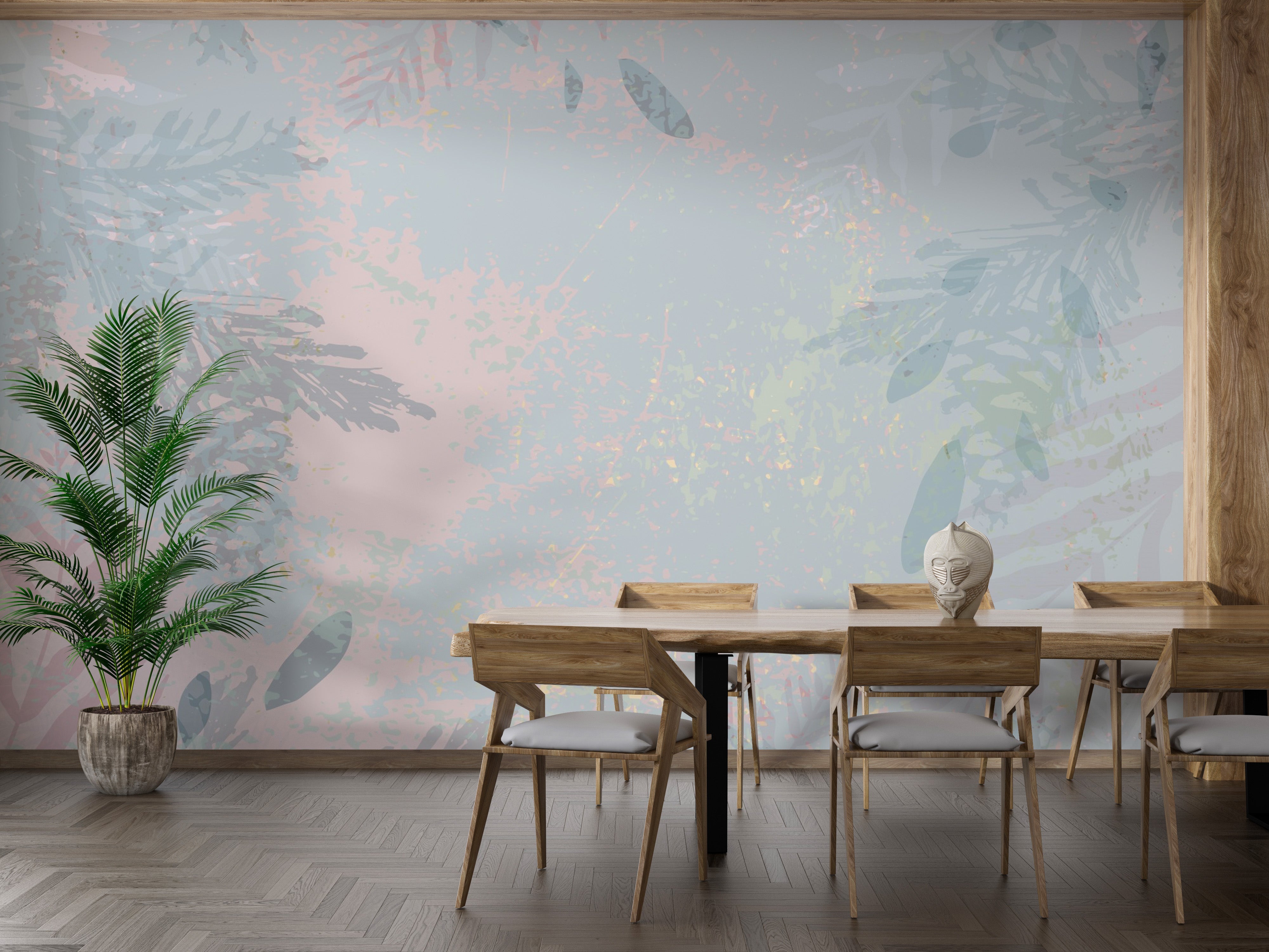 Soft abstract wallpaper mural with botanical accents.