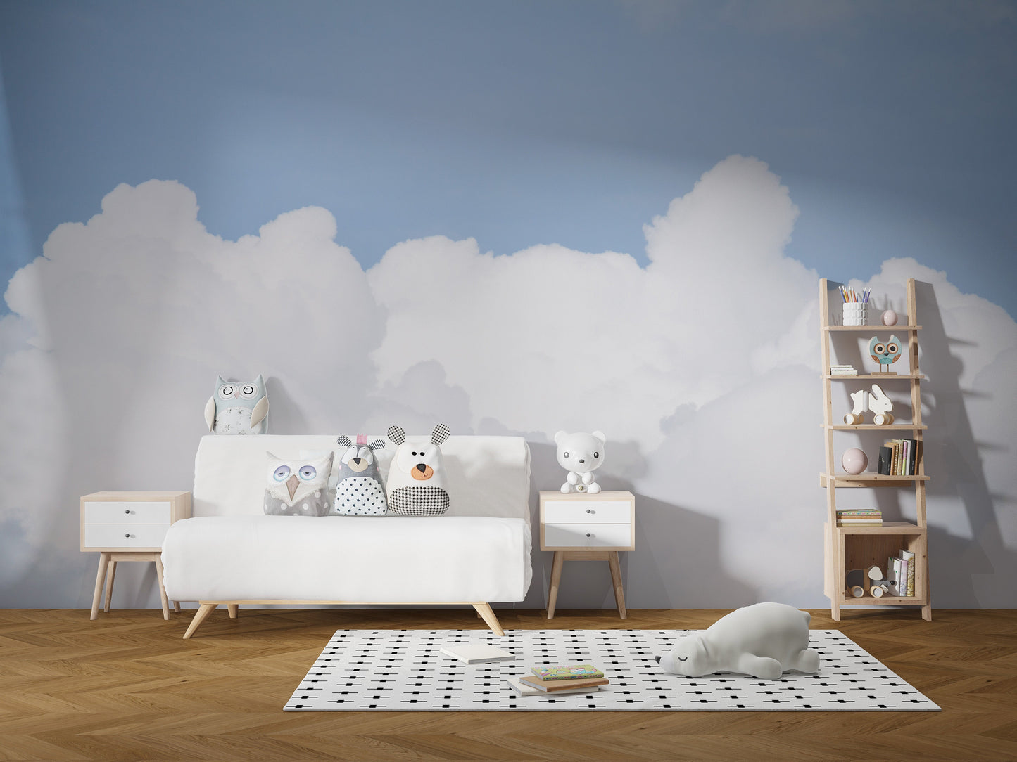 Dreamy light blue sky and white cloud design wallpaper.