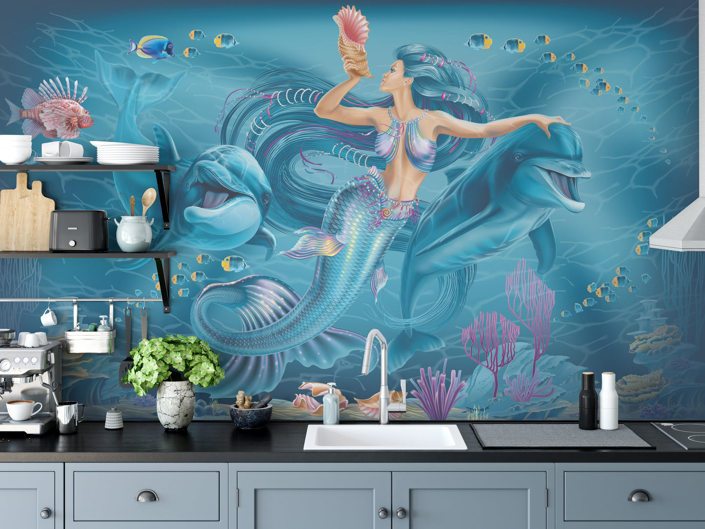 Blue ocean-themed mermaid wallpaper with coral reefs.