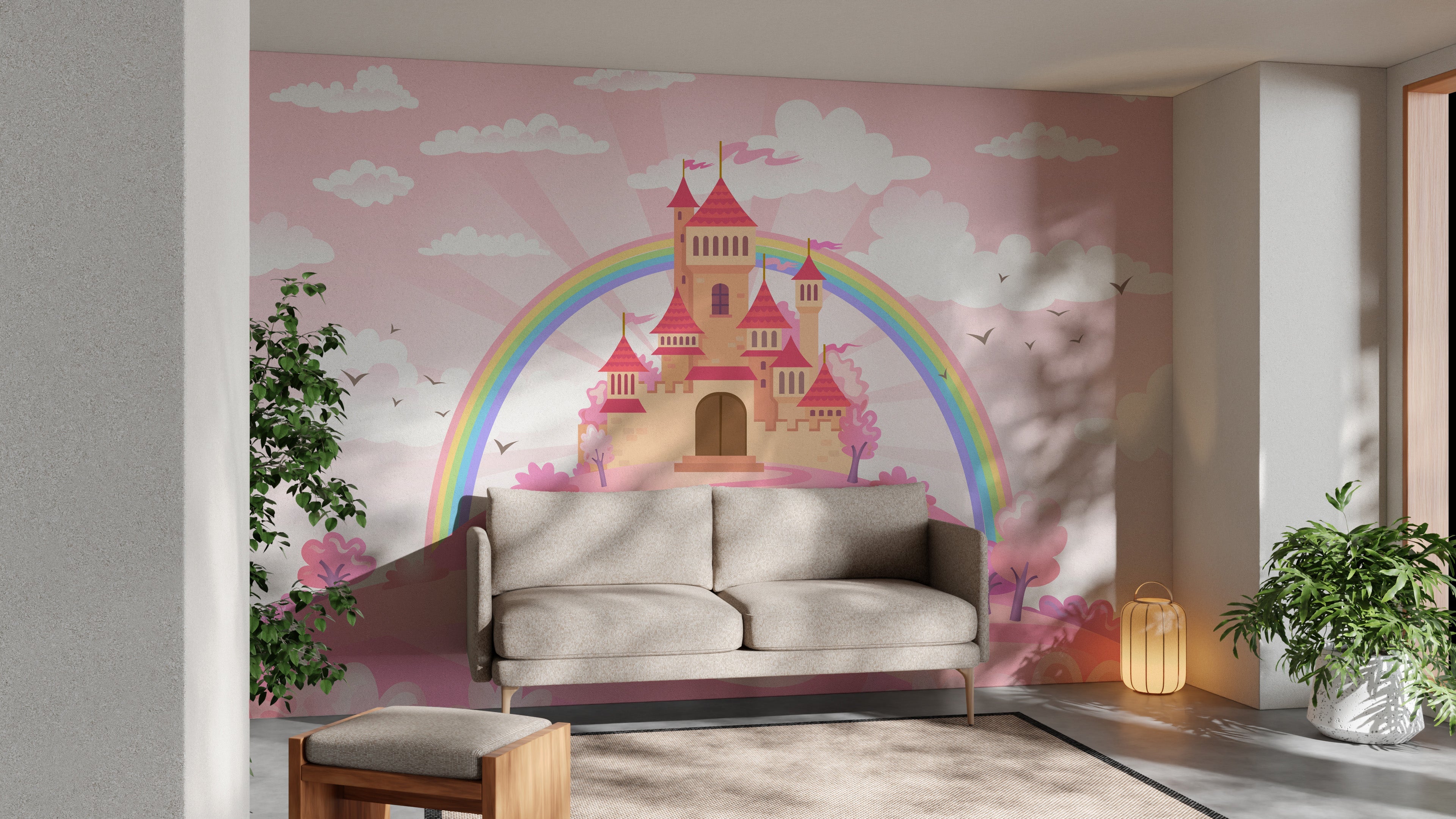 Magical pink castle mural wallpaper