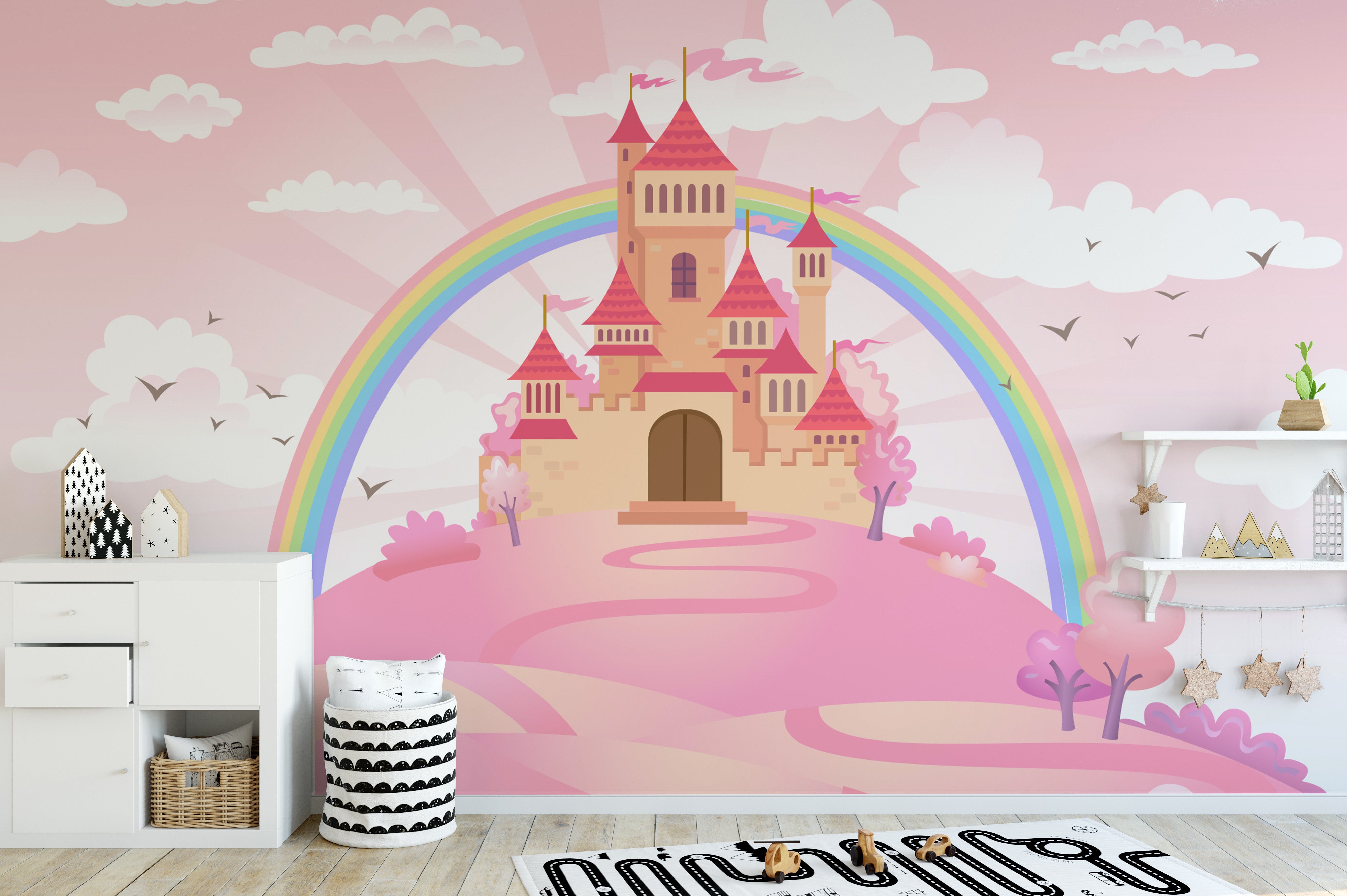 Princess castle wallpaper with rainbow and pink landscape.