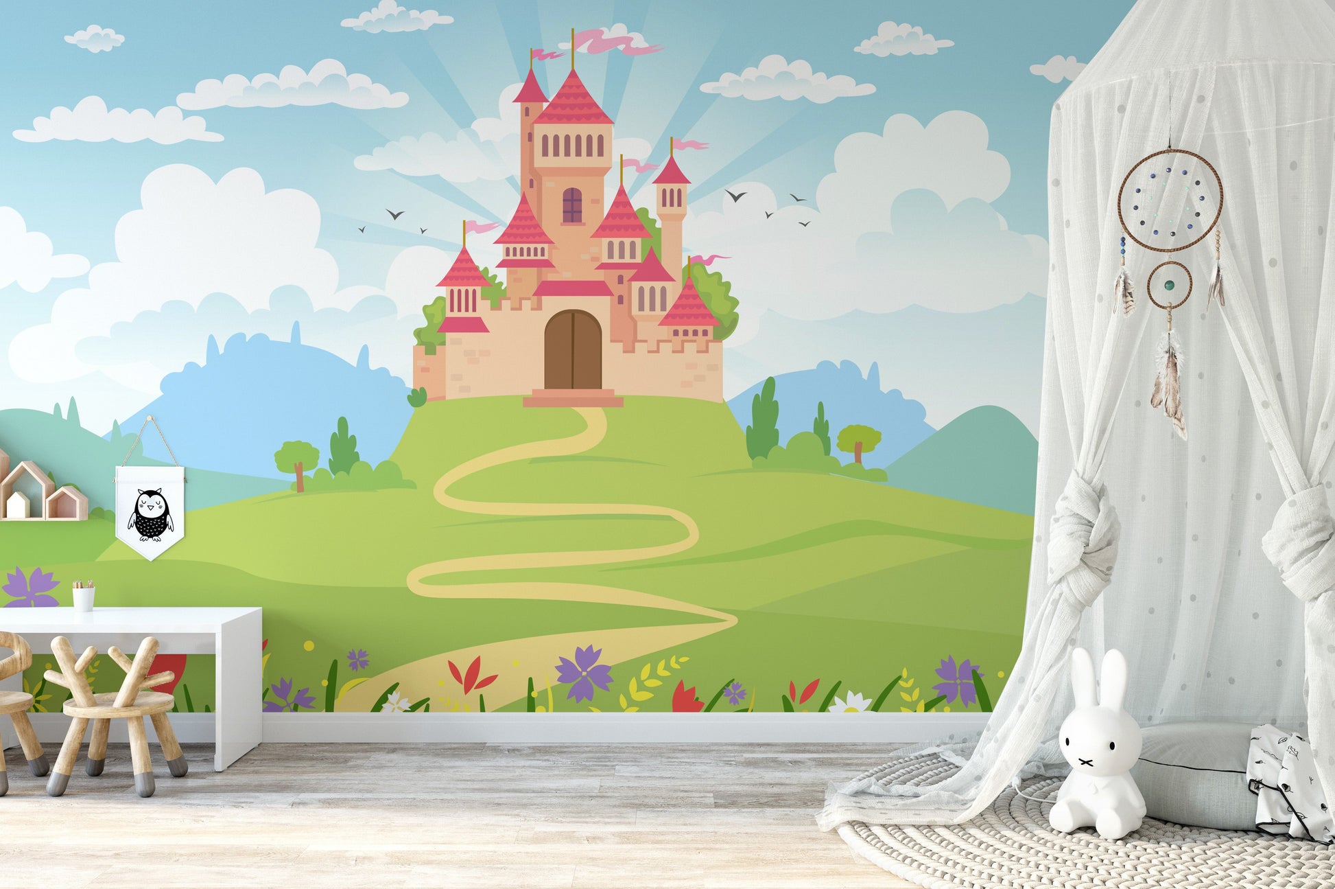 Magical castle wallpaper perfect for a girl's room.