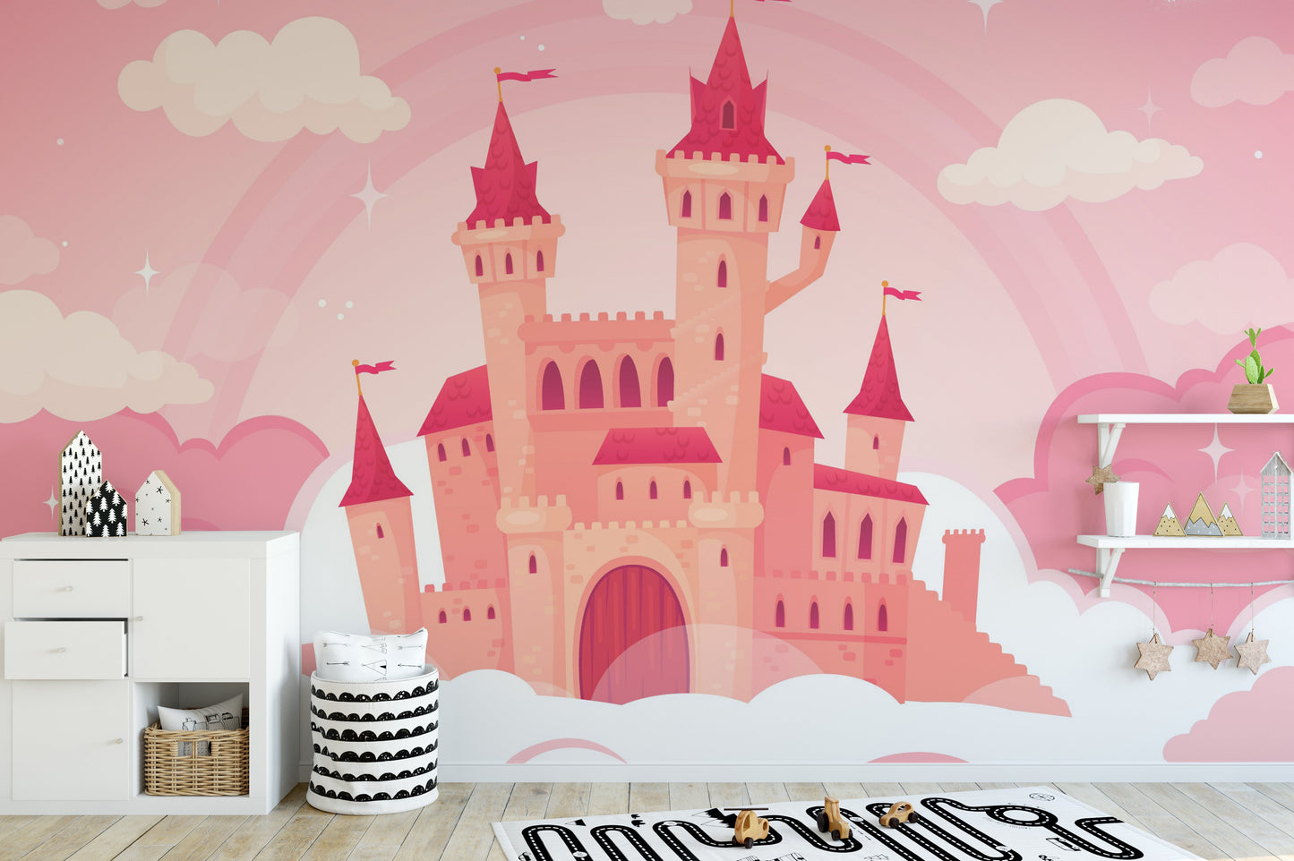 Cute Cartoon Castle in Pink Clouds Wallpaper - Giffywalls